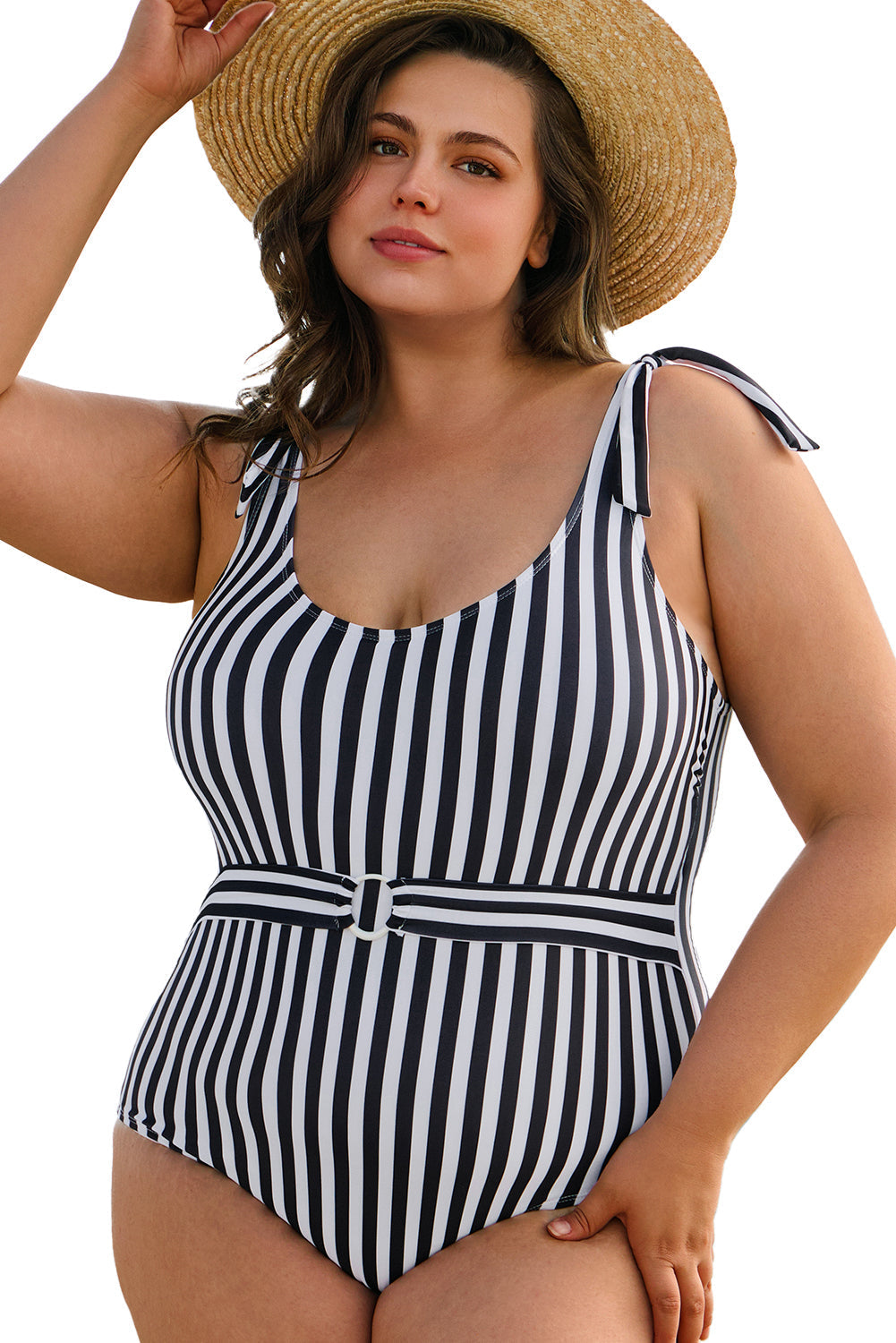Plus Size Self Tie Straps O-Ring Waistband One Piece Swimsuit