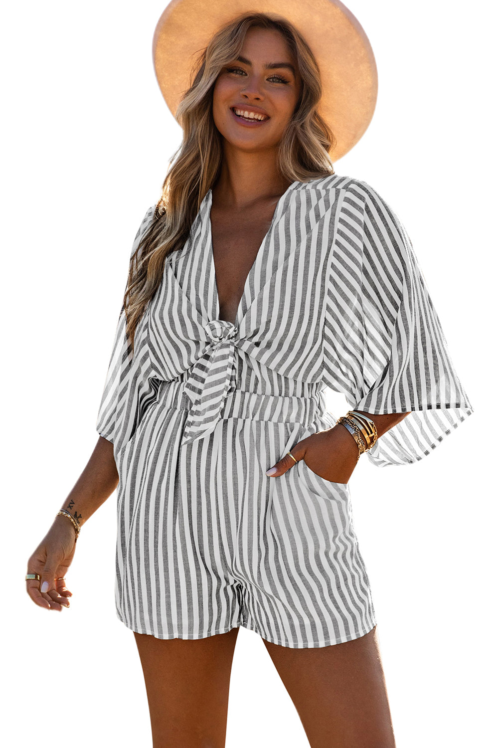 Women's Romper Featuring Kimono Sleeves Tie Front Striped