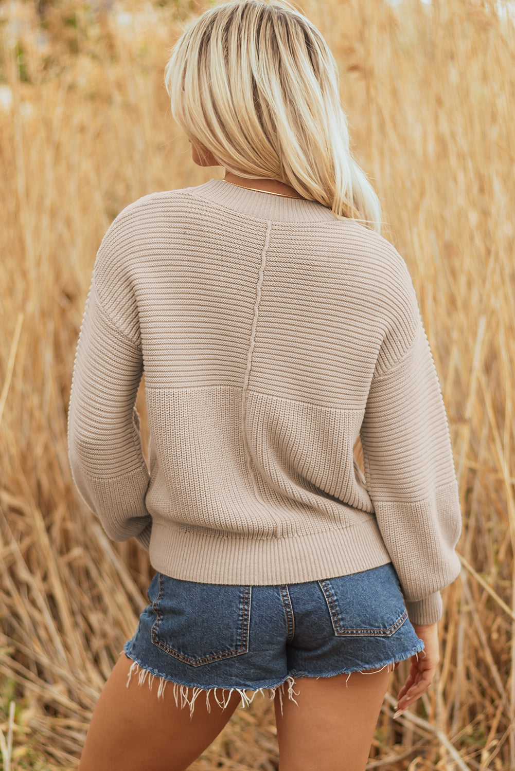 Texture Patchwork Mixed Patchwork Knit Puff Sleeve Knit Top