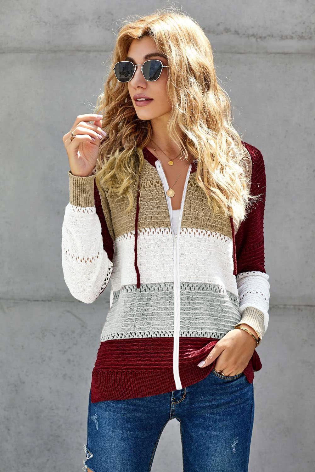 Hoodie for Women Hollow-out Knitted Women's Zipped Front Red Color-Block