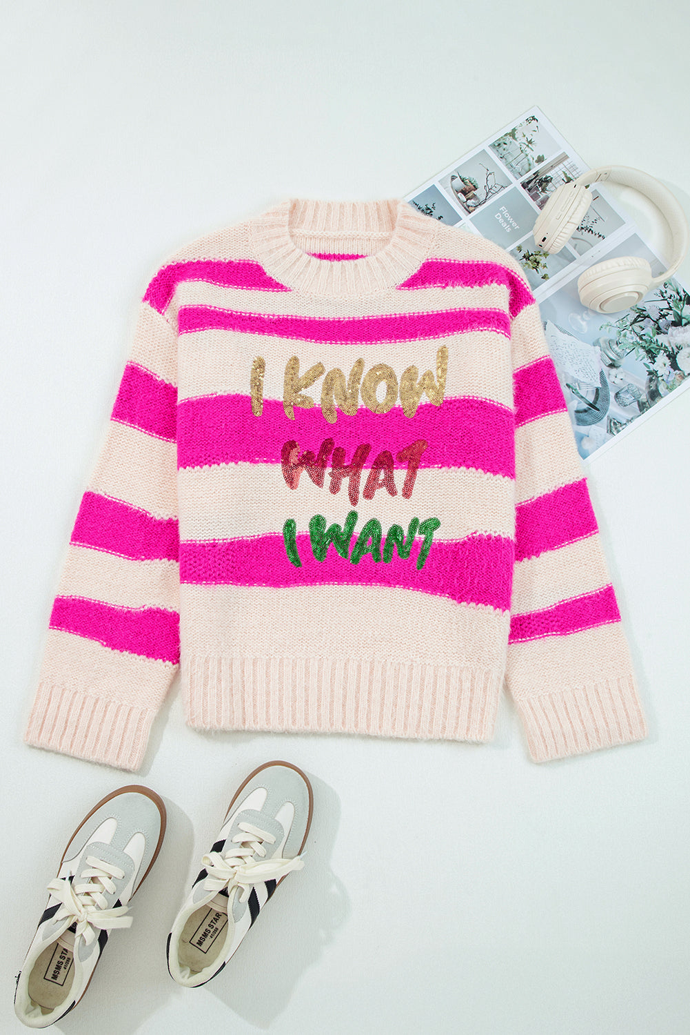I KNOW WAHT I WAT Sequin Letter Graphic Colorblock Loose Knit Top