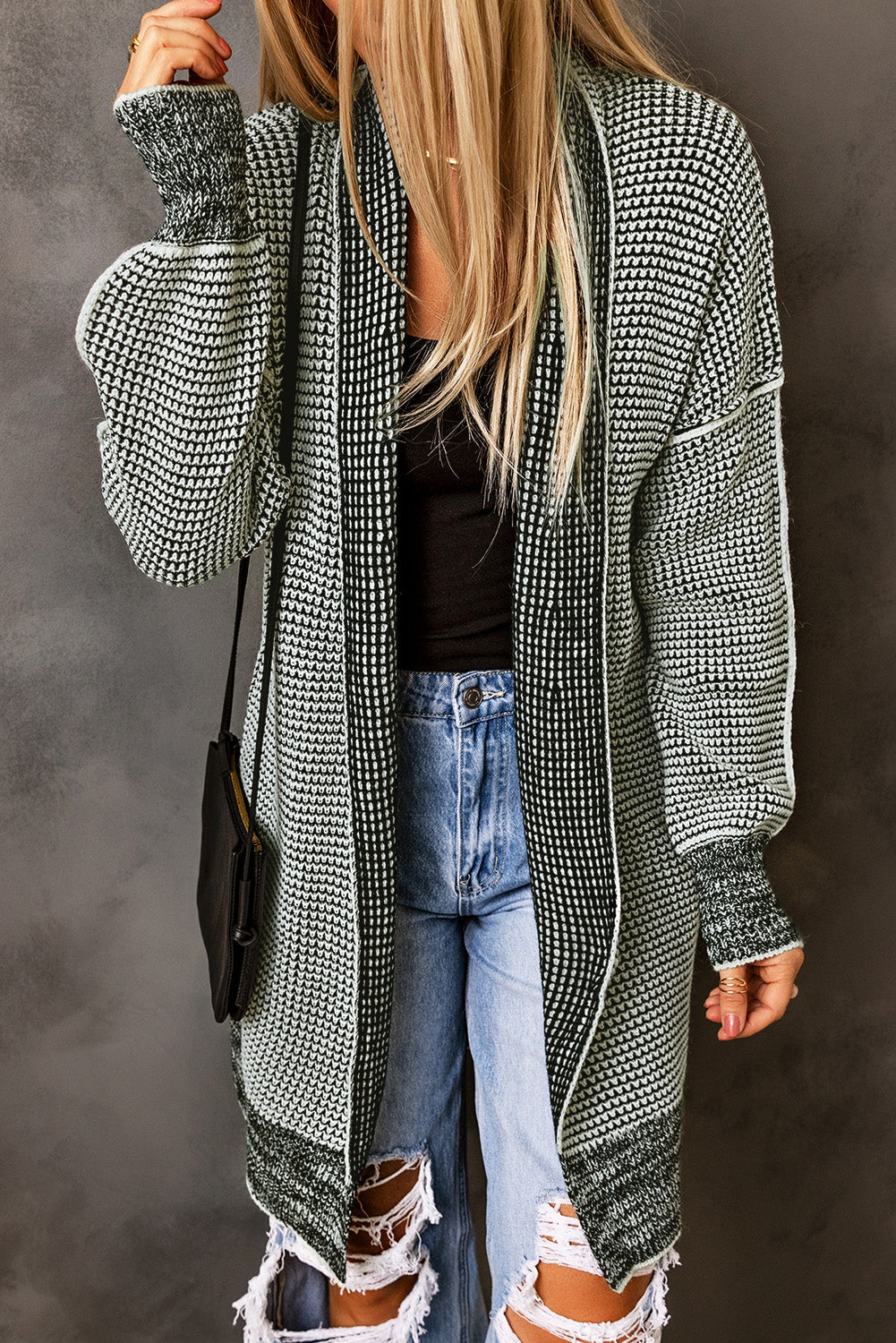 Women's Cardigan with Plaid Knitted Long Open Front Gray