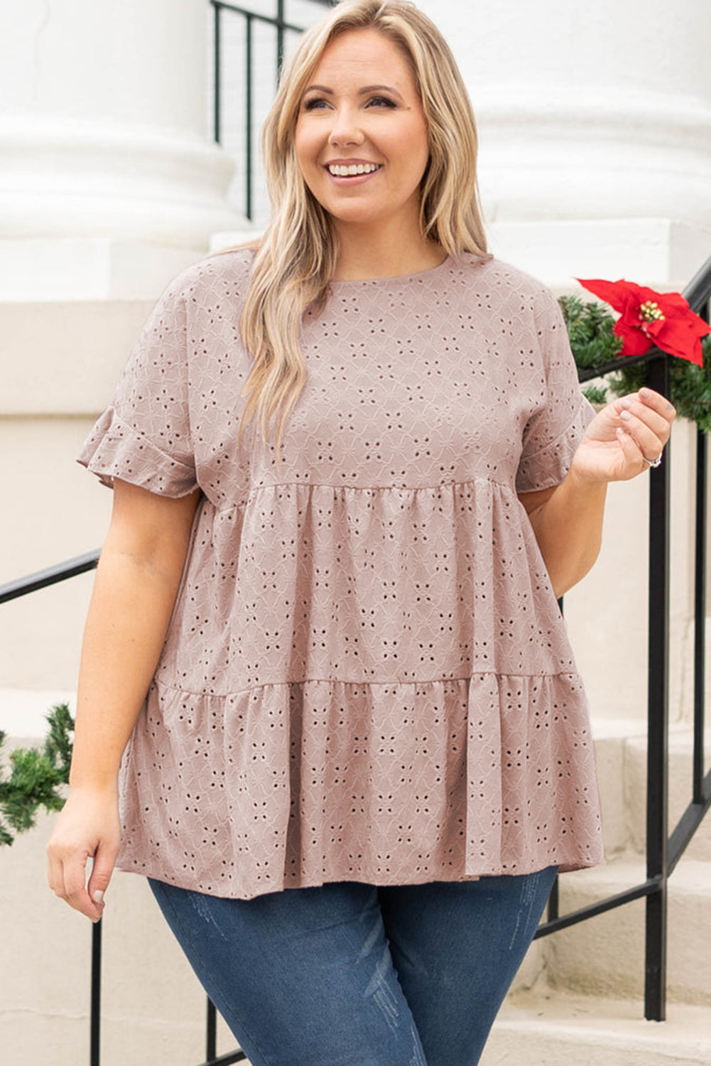 Babydoll Top for Women Plus Size Eyelet Pattern Ruffle-Trimmed Sleeve