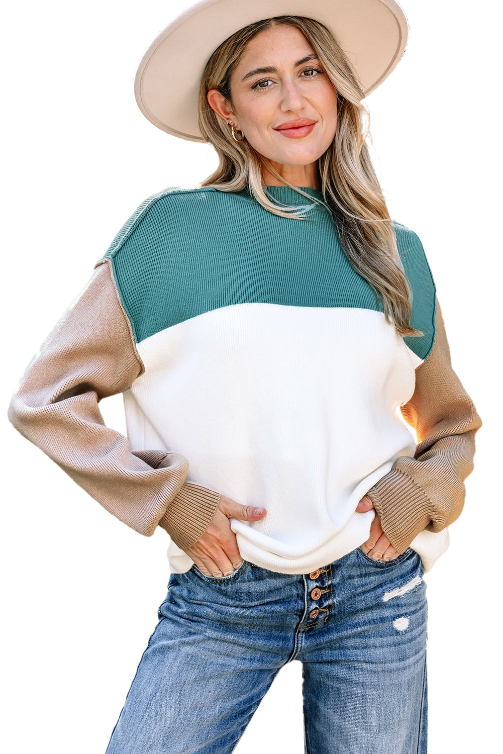 Plain Rib-Knit Colorblock Rib-Knit Knit Baggy Knit Top
