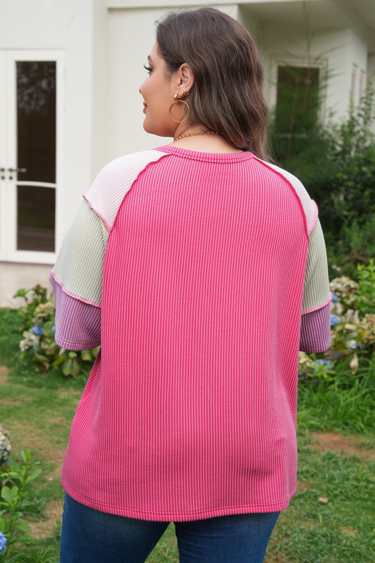 Bright Size Pink Plus Twisted Rib Colorblock Short-Sleeved Henley Top