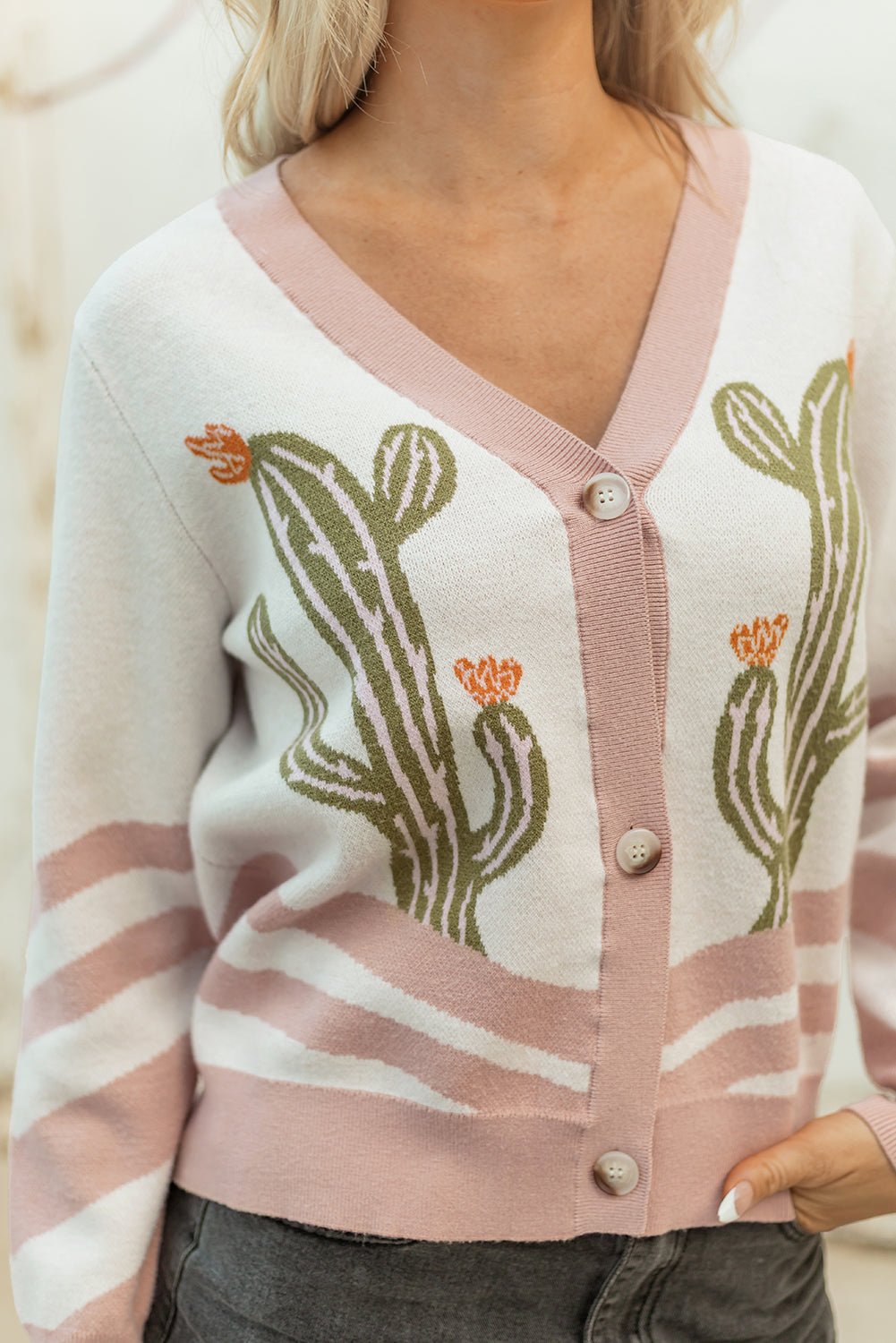 Button-Front Desert Cactus Cardigan Knit Top