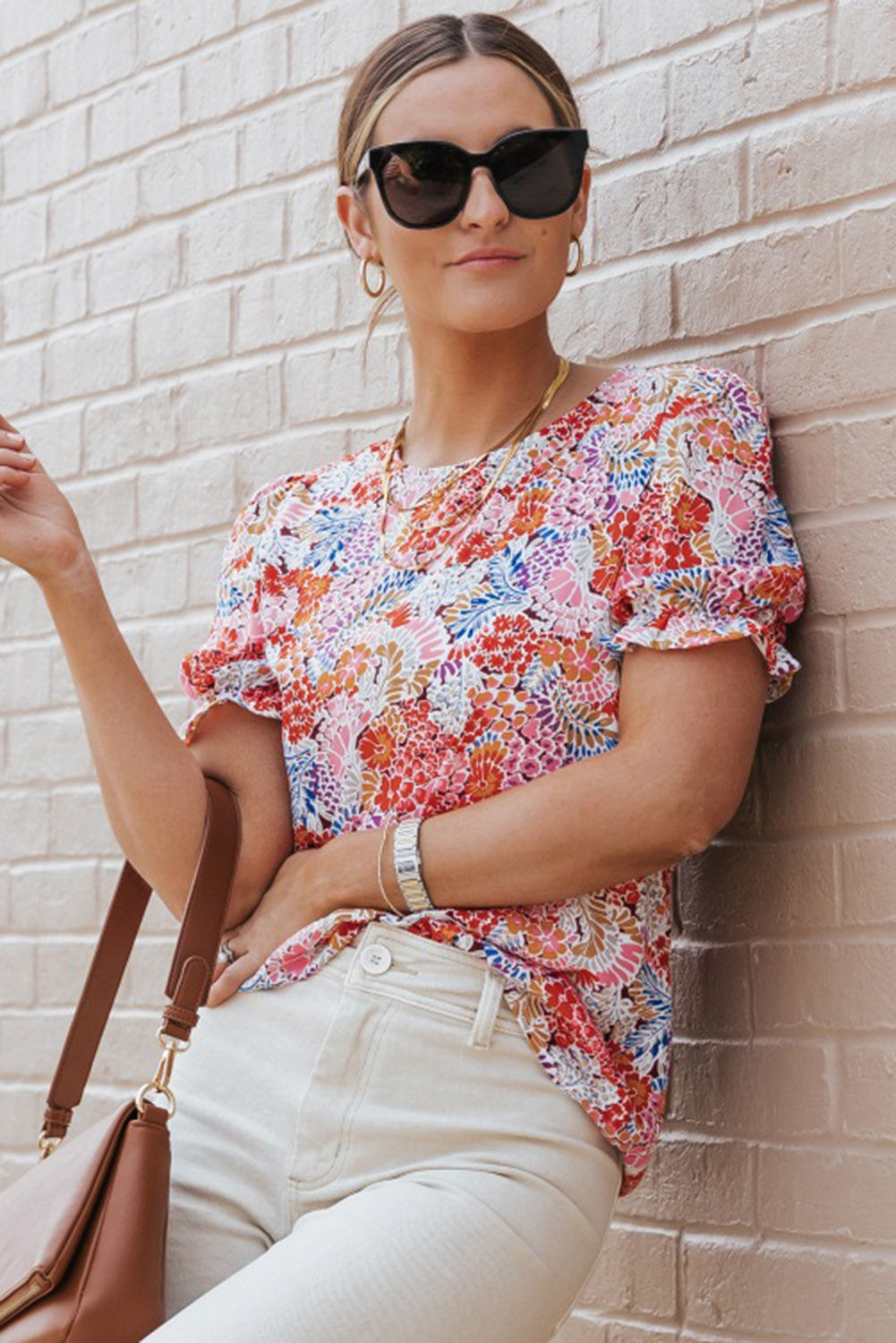 Blouse for Women Pattern Bubble Sleeve Mix Floral-Print