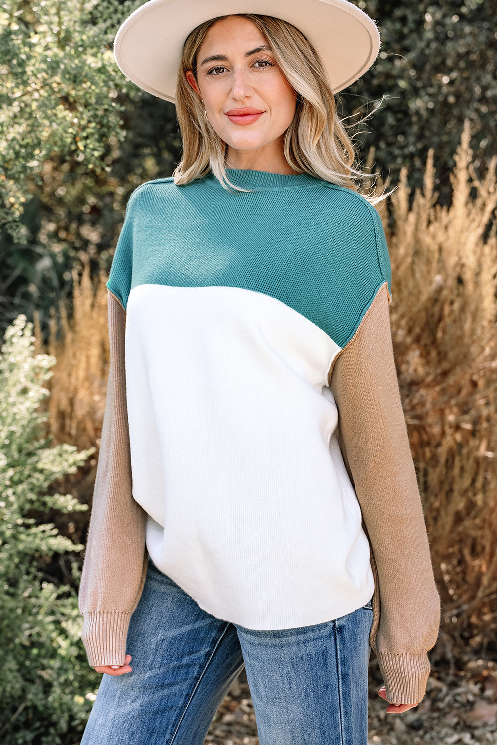 Plain Rib-Knit Colorblock Rib-Knit Knit Baggy Knit Top
