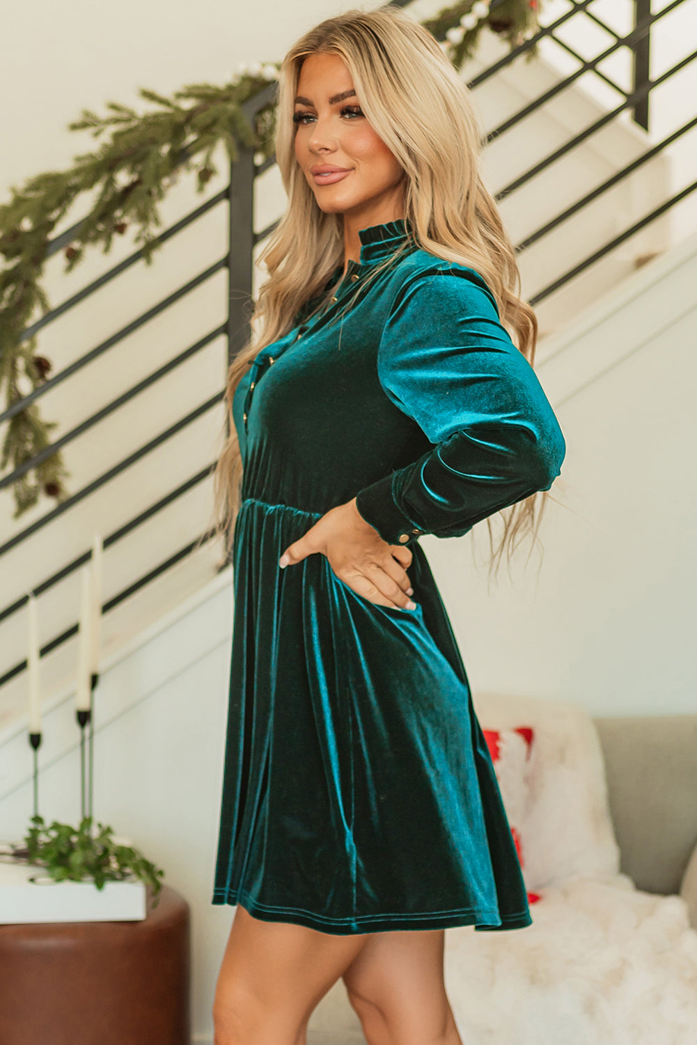 Velvet Buttoned Front Ruffled Mini Dress