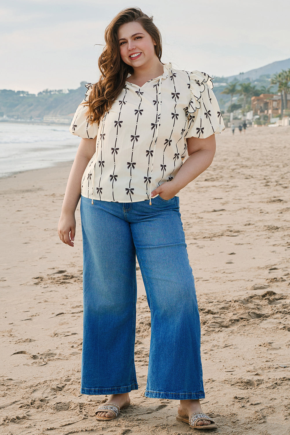 Bow Printed Ruffled Lace-up Notched Neck Plus Size Blouse
