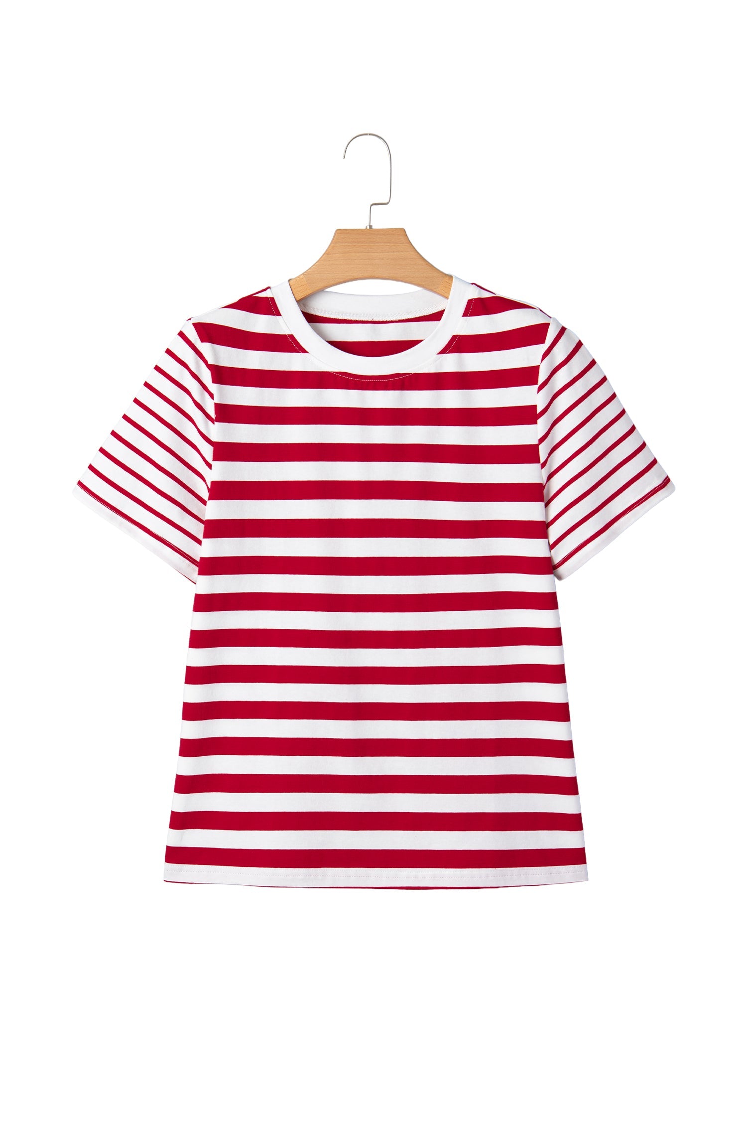 Stripe Patchwork Round-Neck Short-Sleeved T Shirt in Red