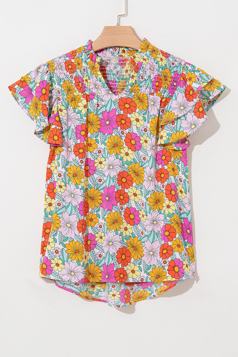 Floral Print Shirred Tiered Ruffled Sleeve Blouse