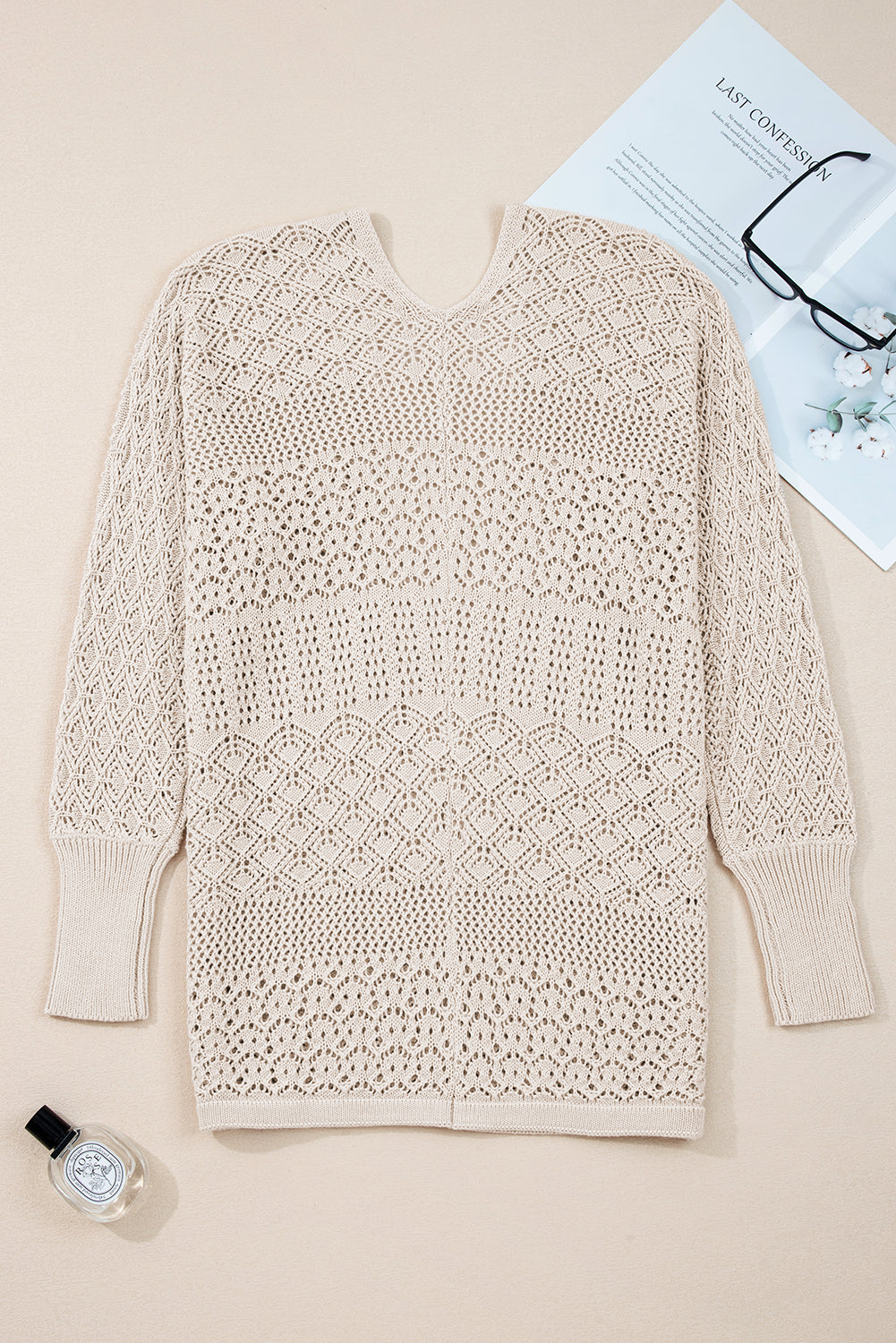 Mix Pattern Hollowed Knit Open-Front Cardigan