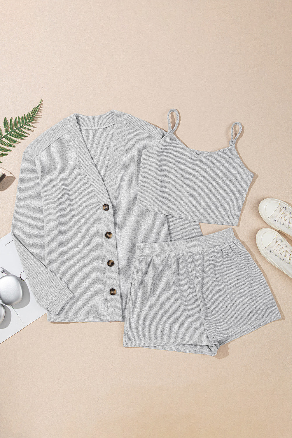 3 Crop Pieces Rib Camisole Matching Shorts Lounge Set with Cardigan