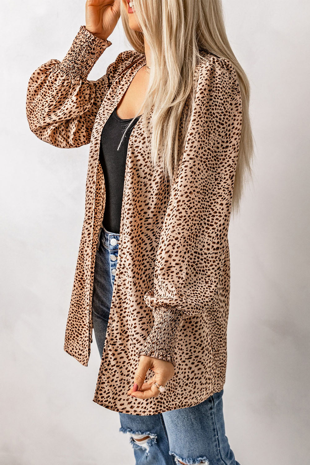 Cardigan for Women Animal Print Shirred Apricot Cuff Lantern Sleeve