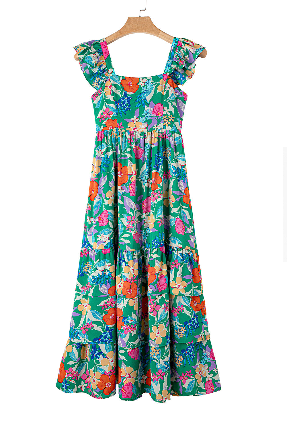 Robe longue à volants et à volants sans manches à imprimé floral vert