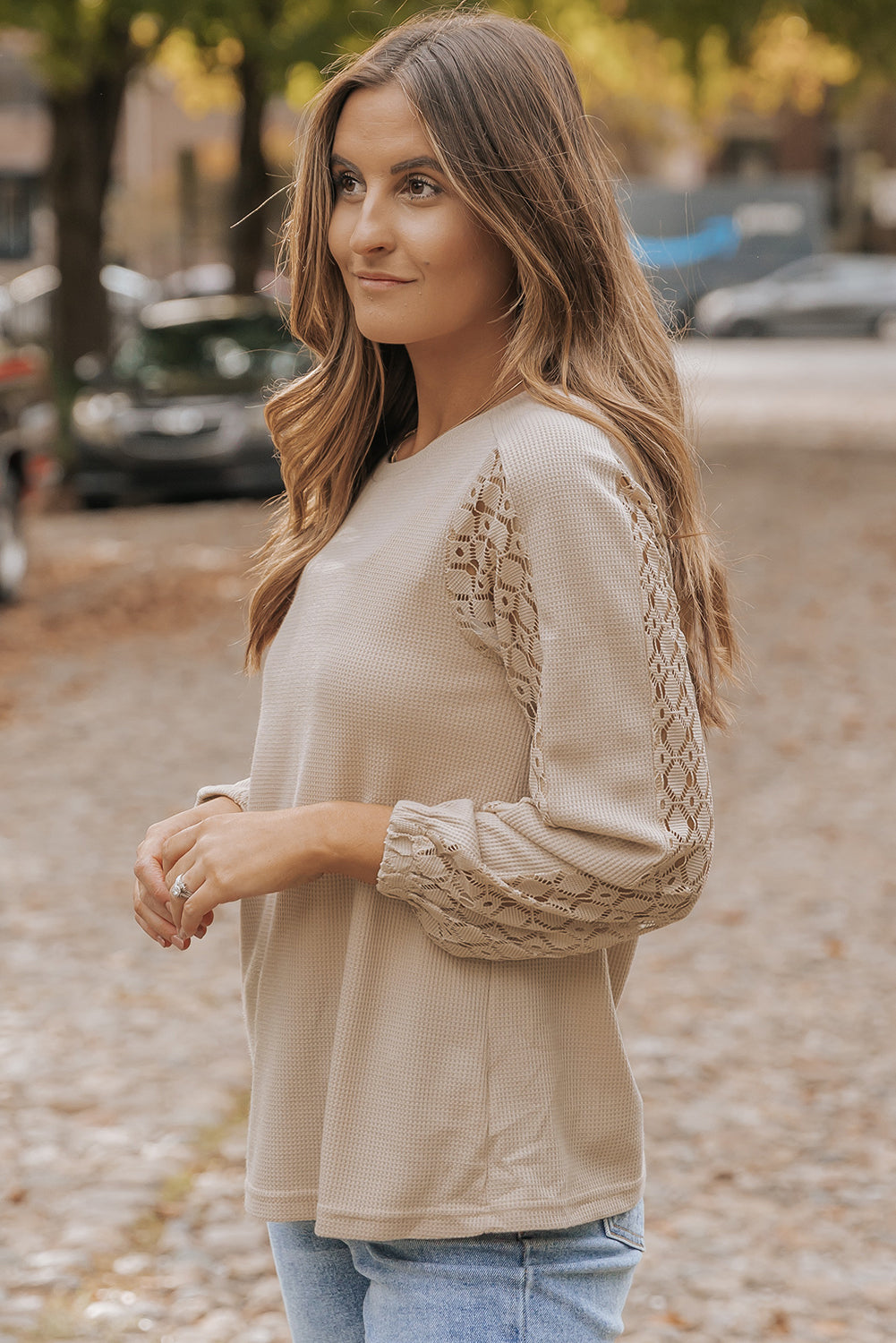 Women's Knit Top with Lace-Trimmed Patch Sleeve Waffle