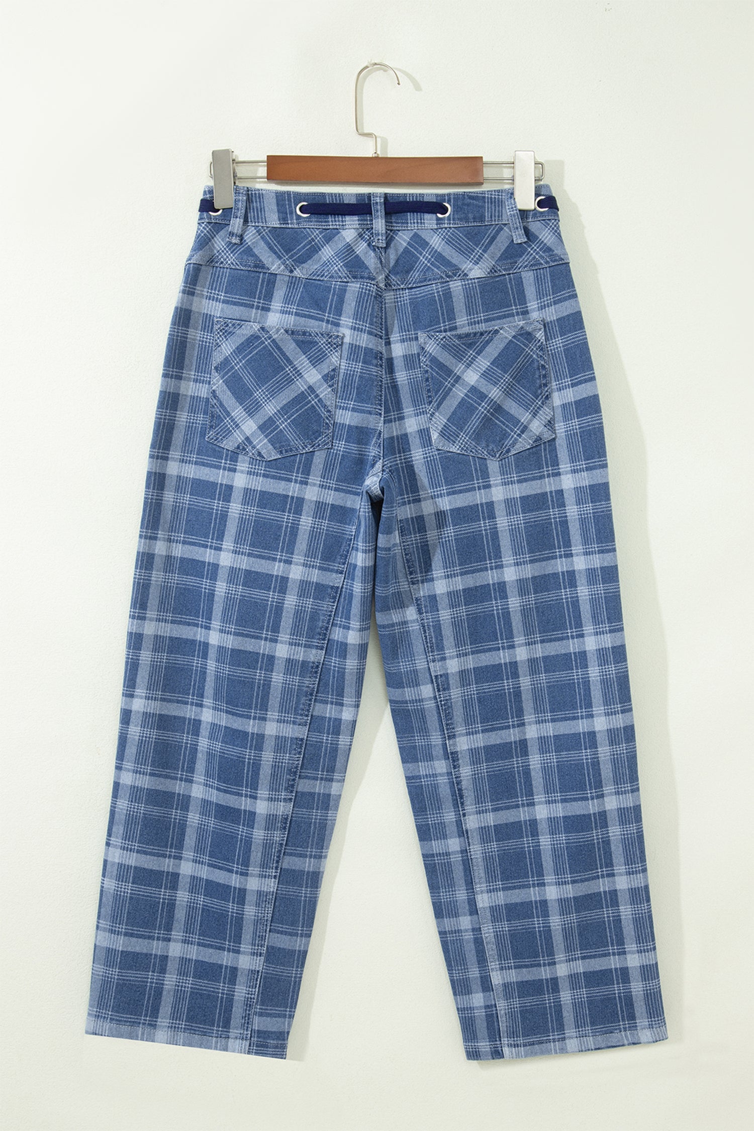 Denim Grommet Plaid Grommet Drawcord Waist Ankle-Length Jeans in Sky Blue