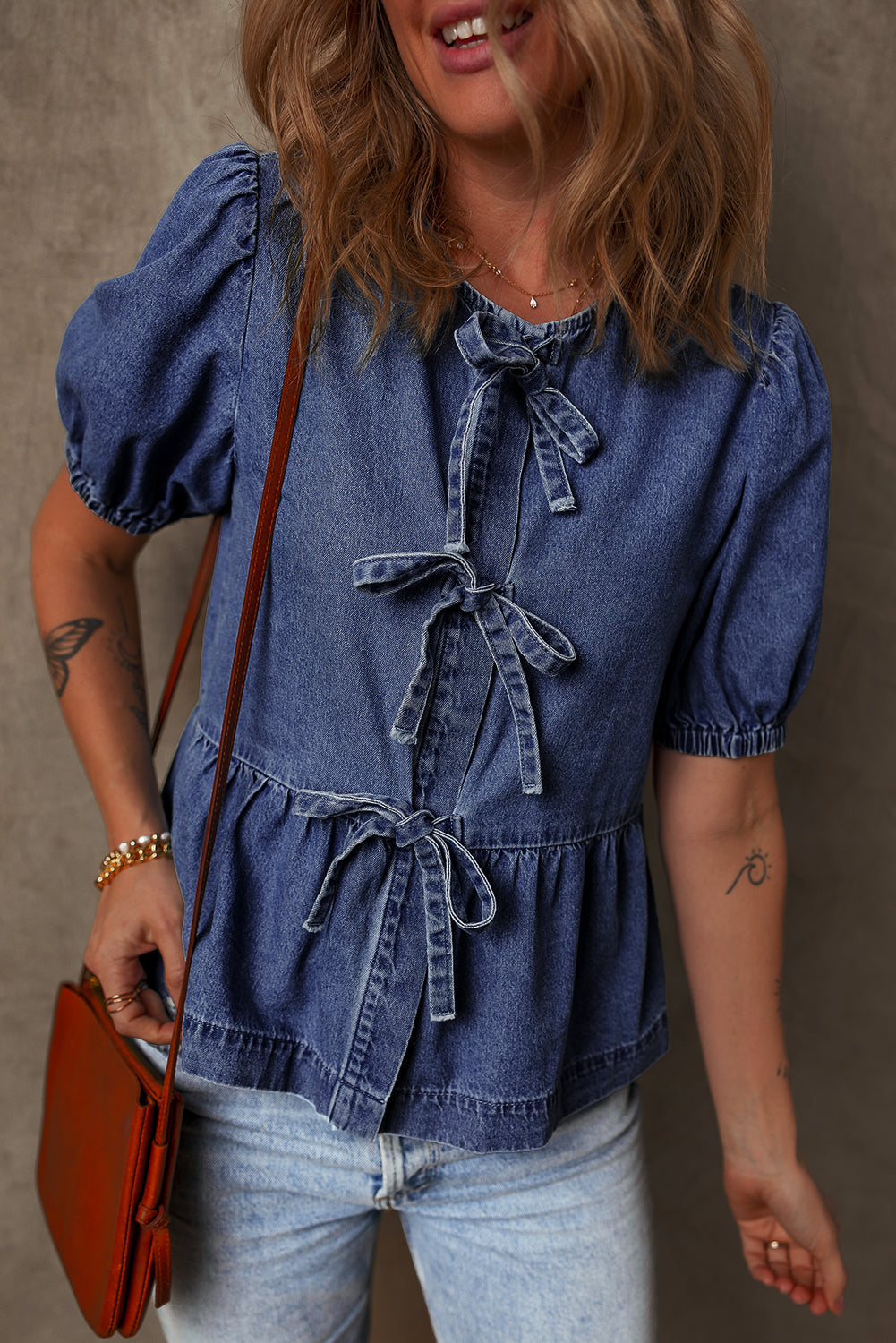 Sail Blue Tied Front Peplum Denim Shirt