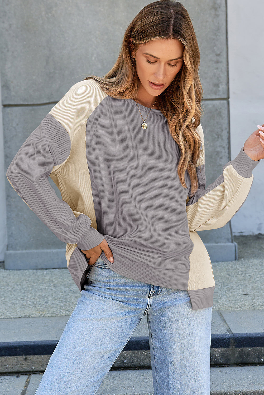 Colorblock Waffle High Low Raglan Sleeve Sweatshirt