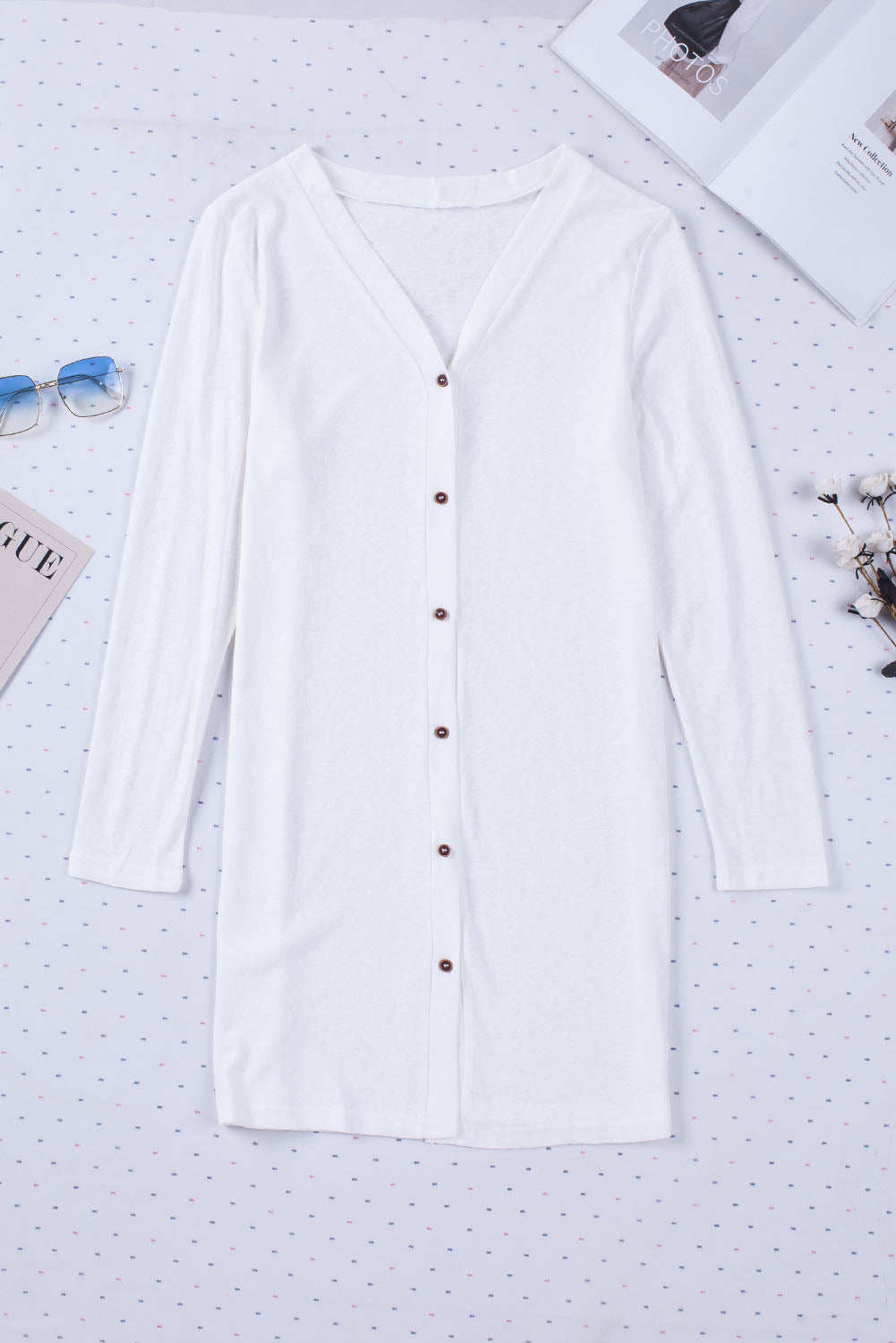 Women's Cardigan Featuring Solid Color Open-Front Buttons White