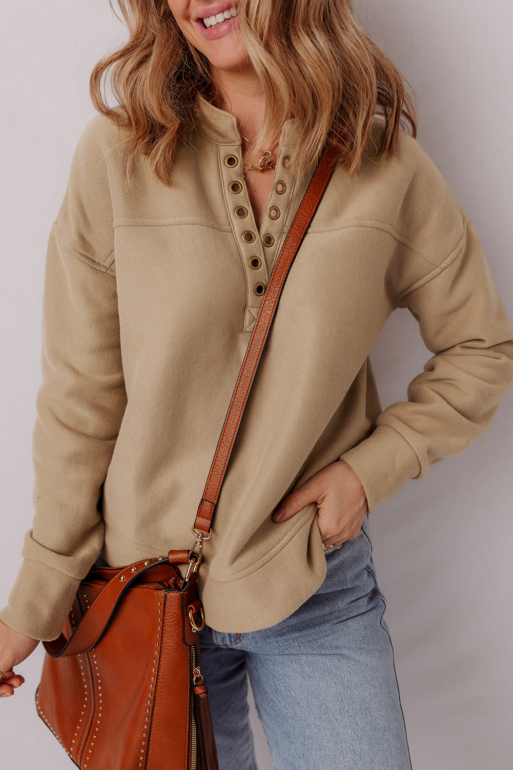 Grommet Detail V-Neck Sweatshirt