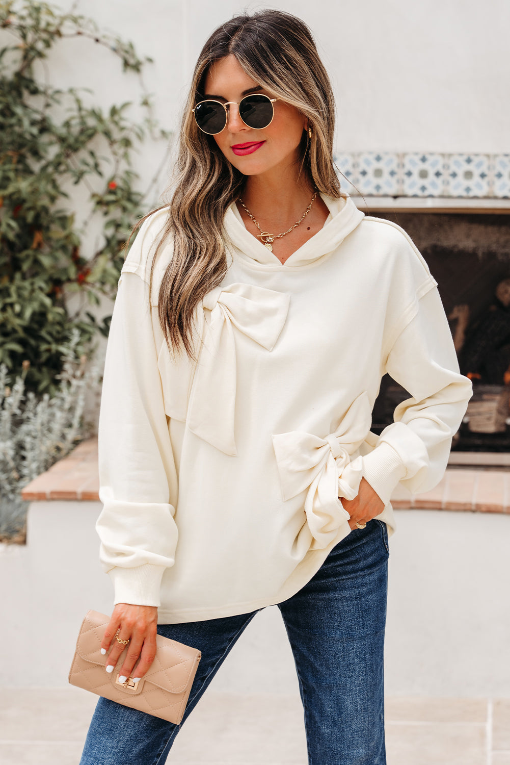 Solid Detail Cute Bow Loose Hoodie