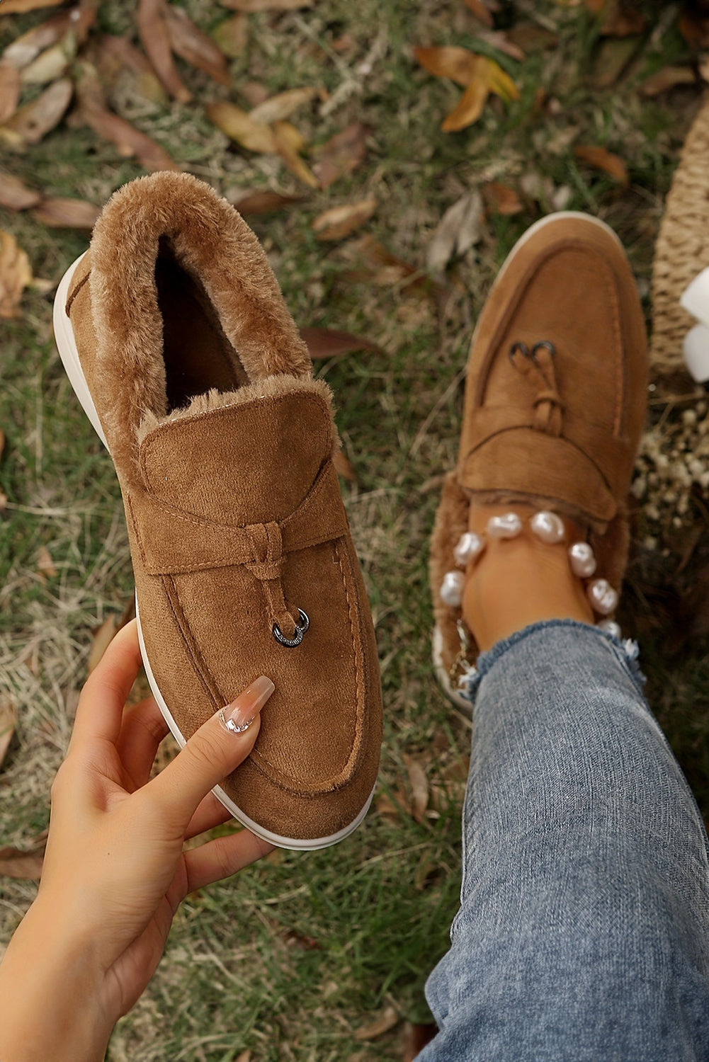 Lined Suede Furry Slip on Flat Shoes