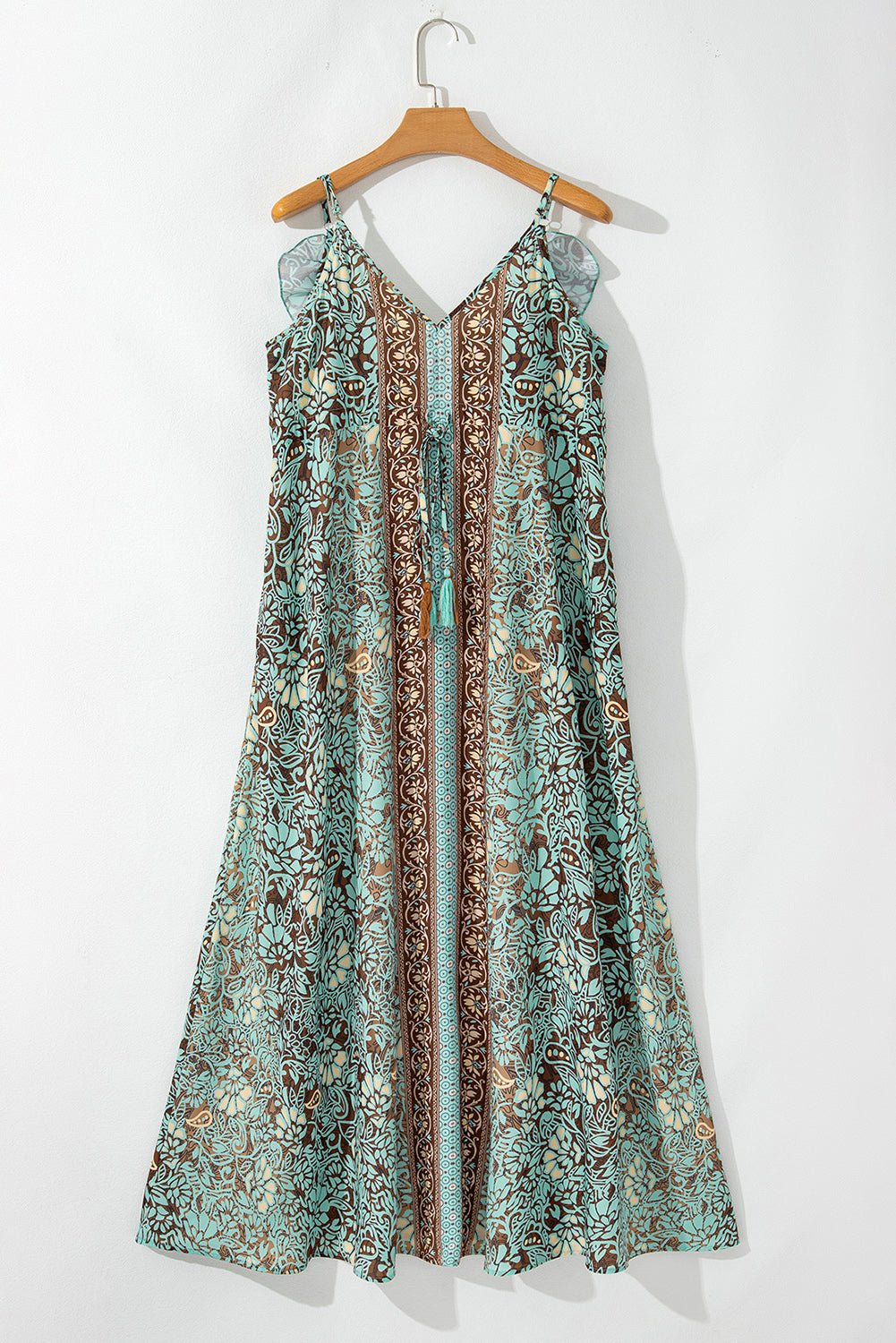 Green Floral Print Backless Tassel Waist Maxi Dress