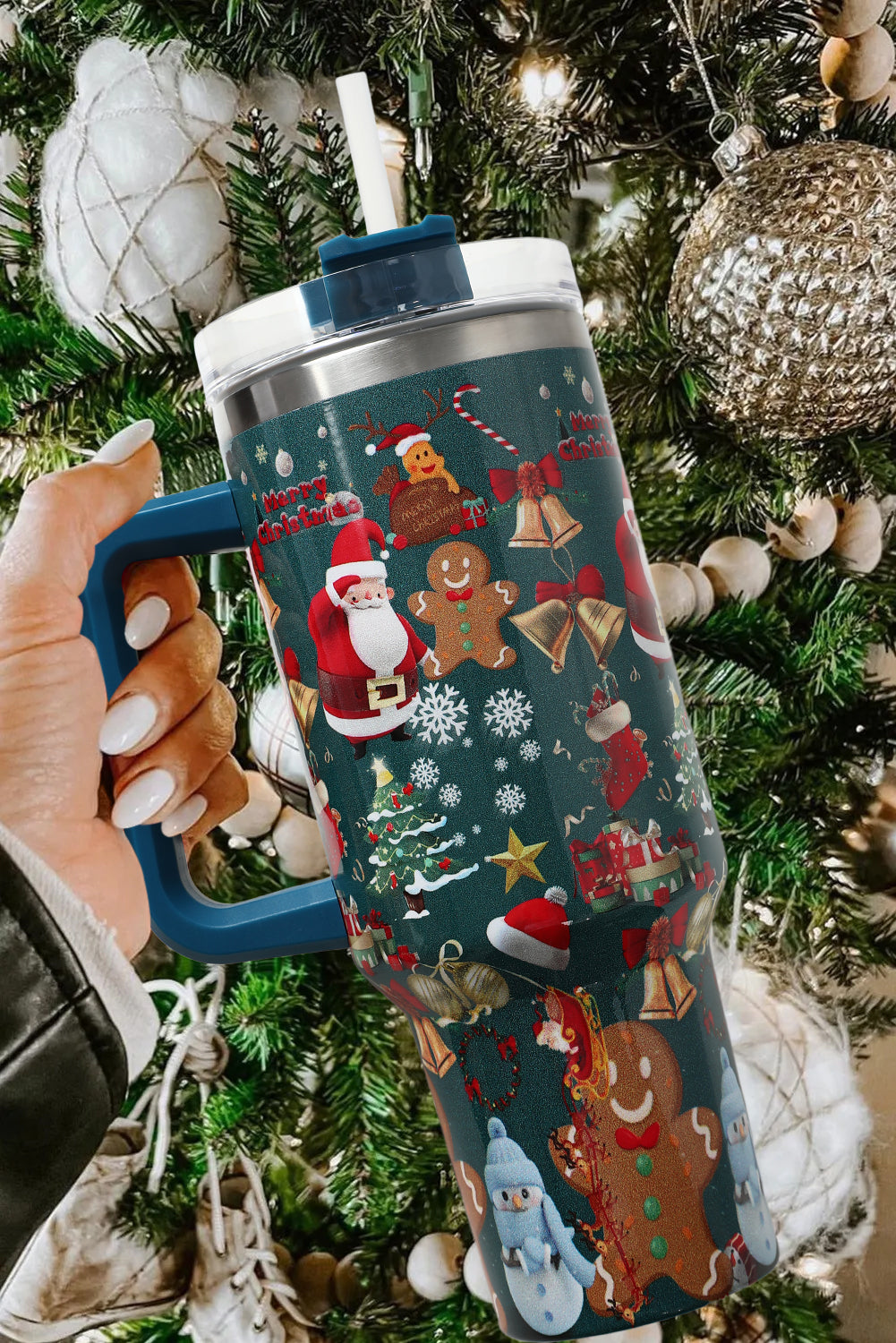 Handled Christmas Print Stainless Steel Tumblers 40oz