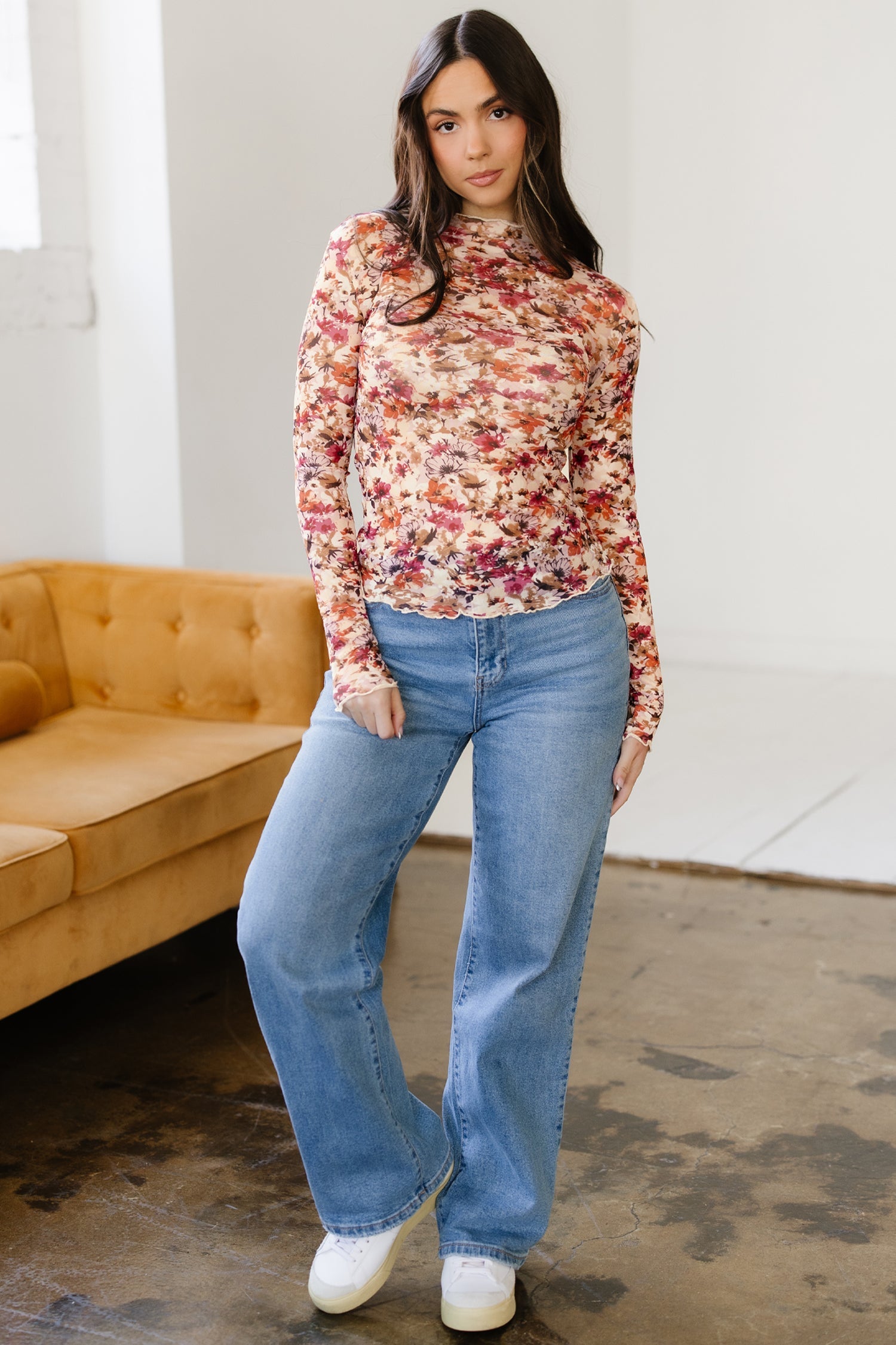 Mesh Long-Sleeved Floral-Print Long-Sleeved Top in Red