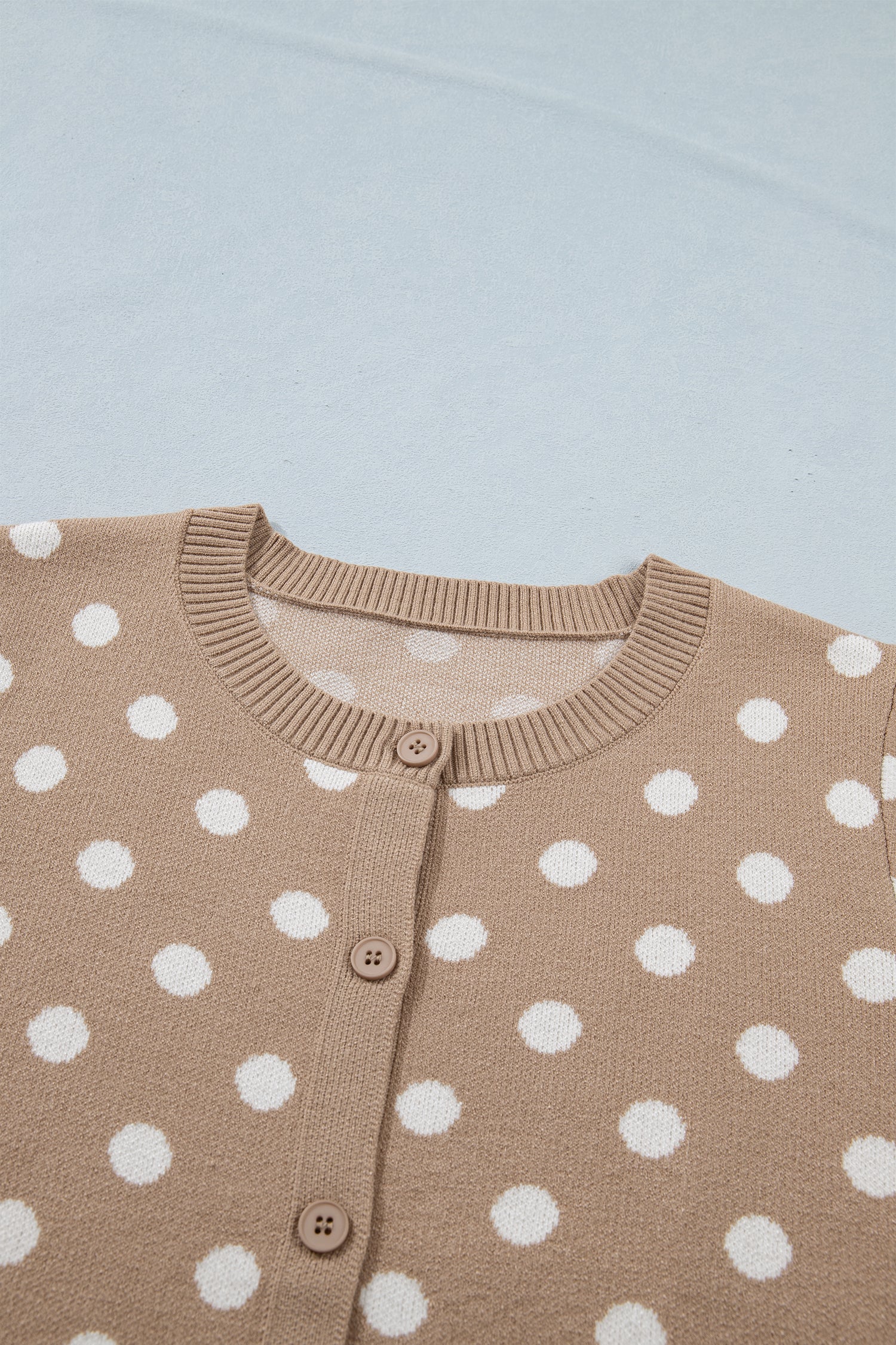 Short-Sleeved Button Polka-Dot Button Down Cardigan Knit Top in Dark Khaki