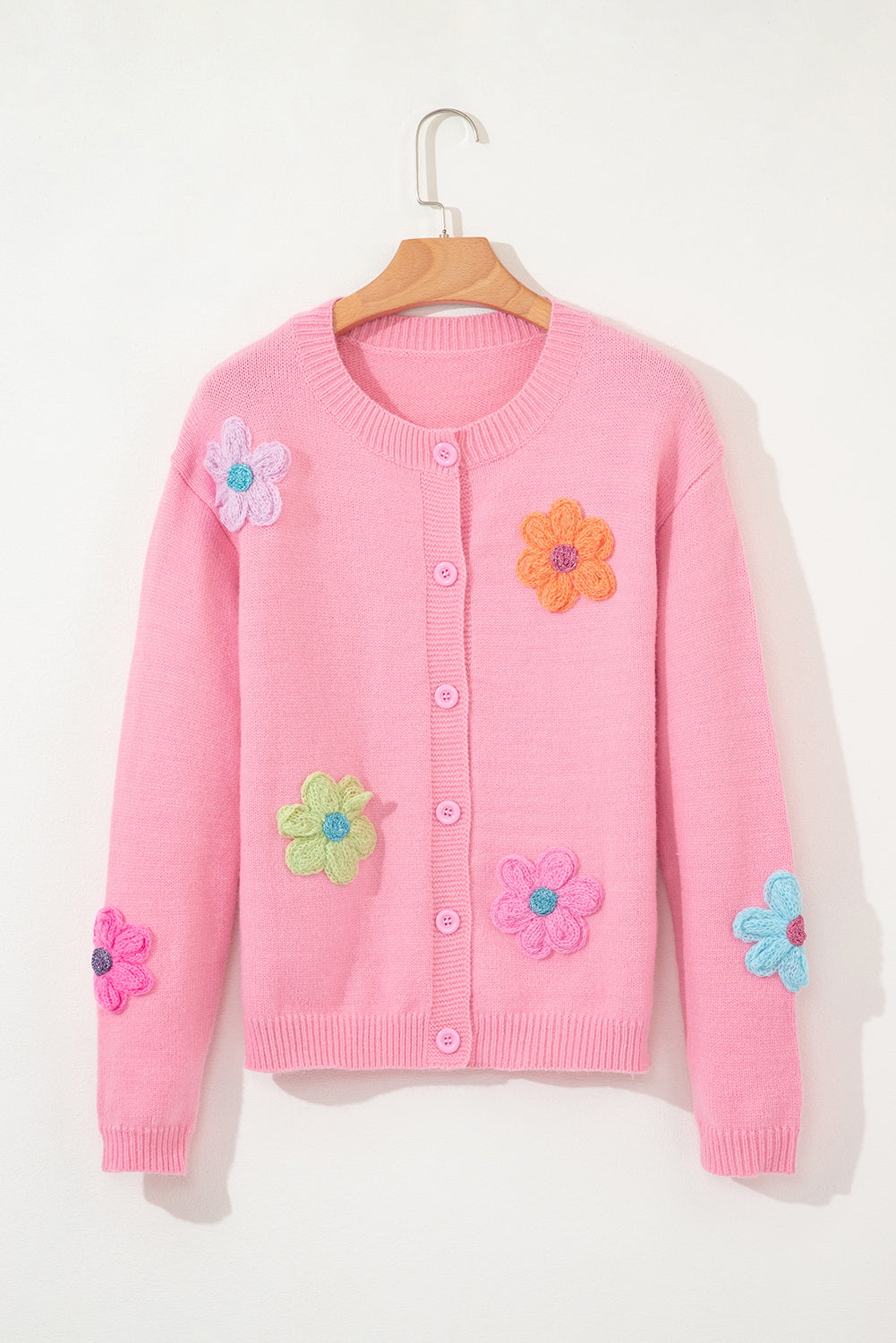 Cute Pattern Knit Floral Button-Front Cardigan in Pink