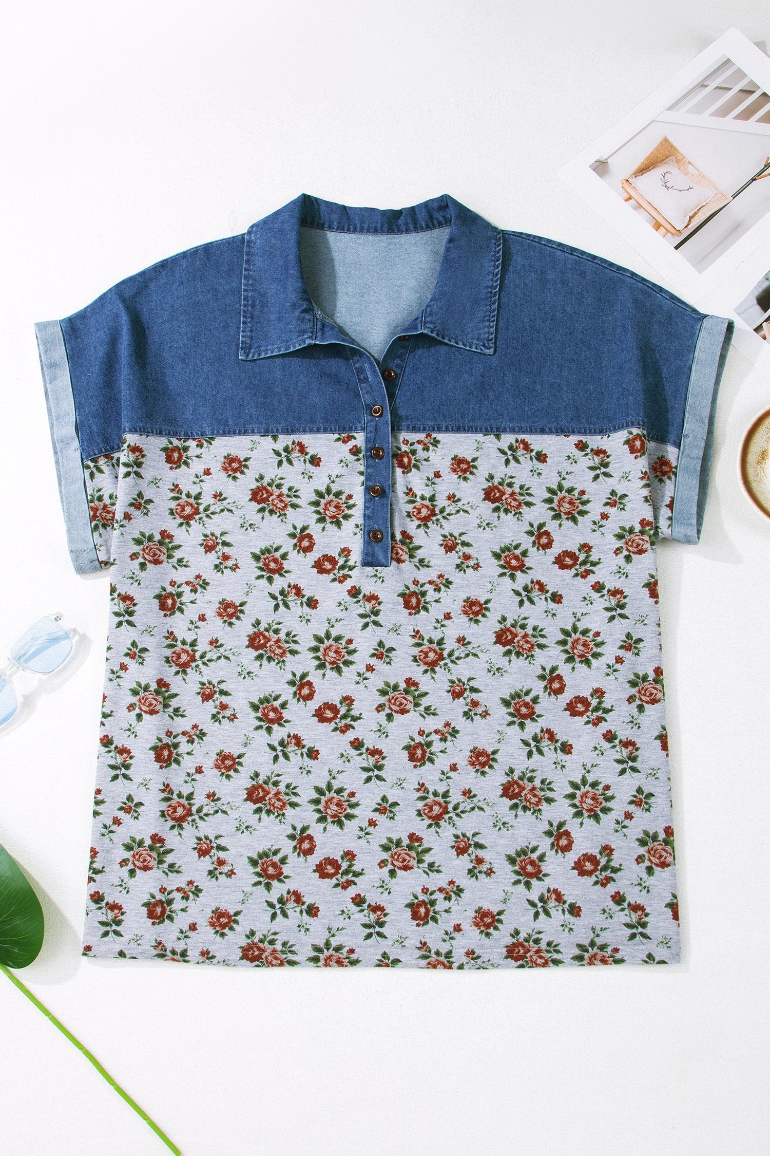 Floral-Print Denim Retro Denim Patchwork Plus Size Polo Tee in Gray