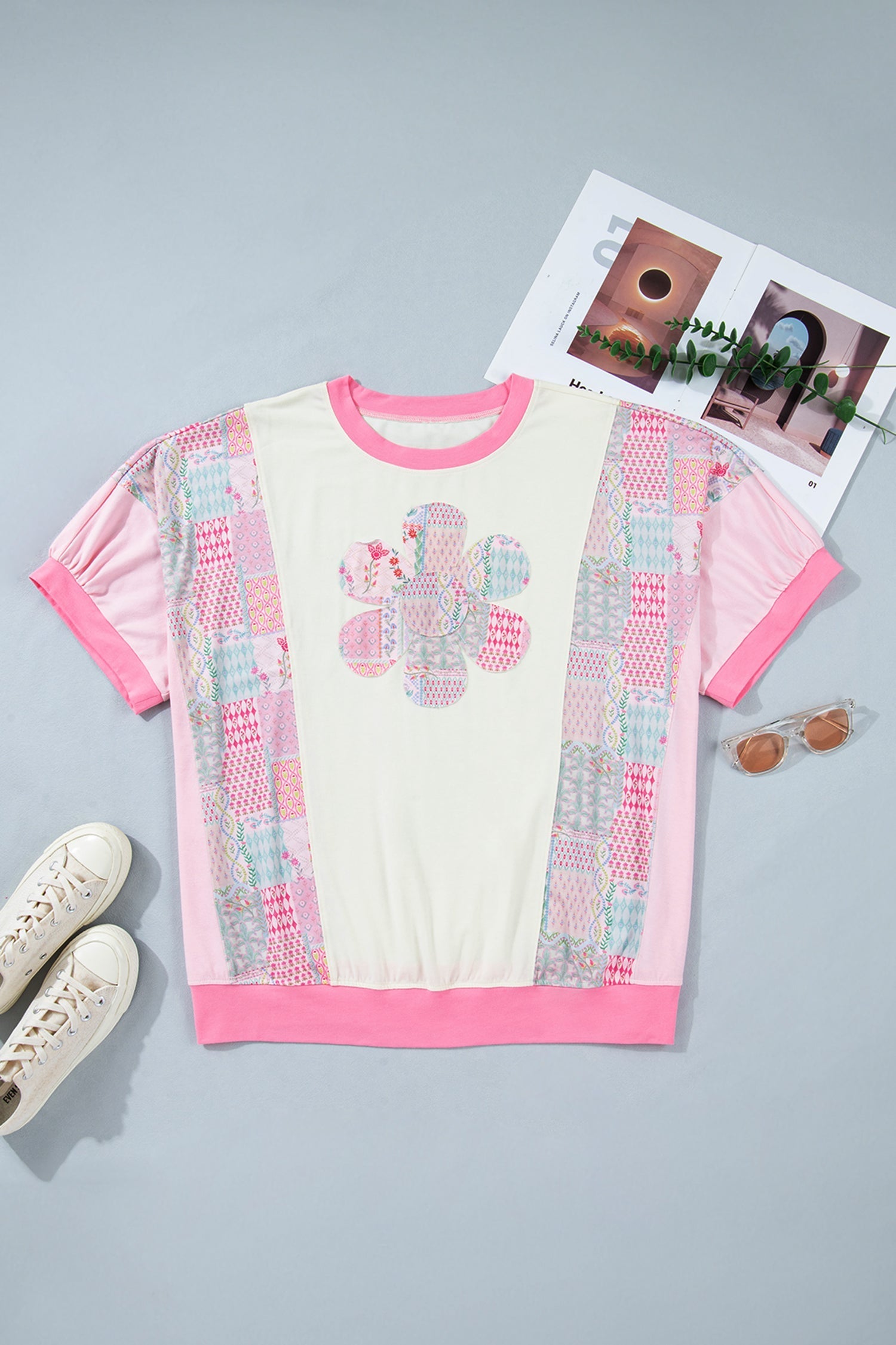 Plus Size Floral Patchwork Short-Sleeved Patch Embroidery Cotton T Shirt in Beige