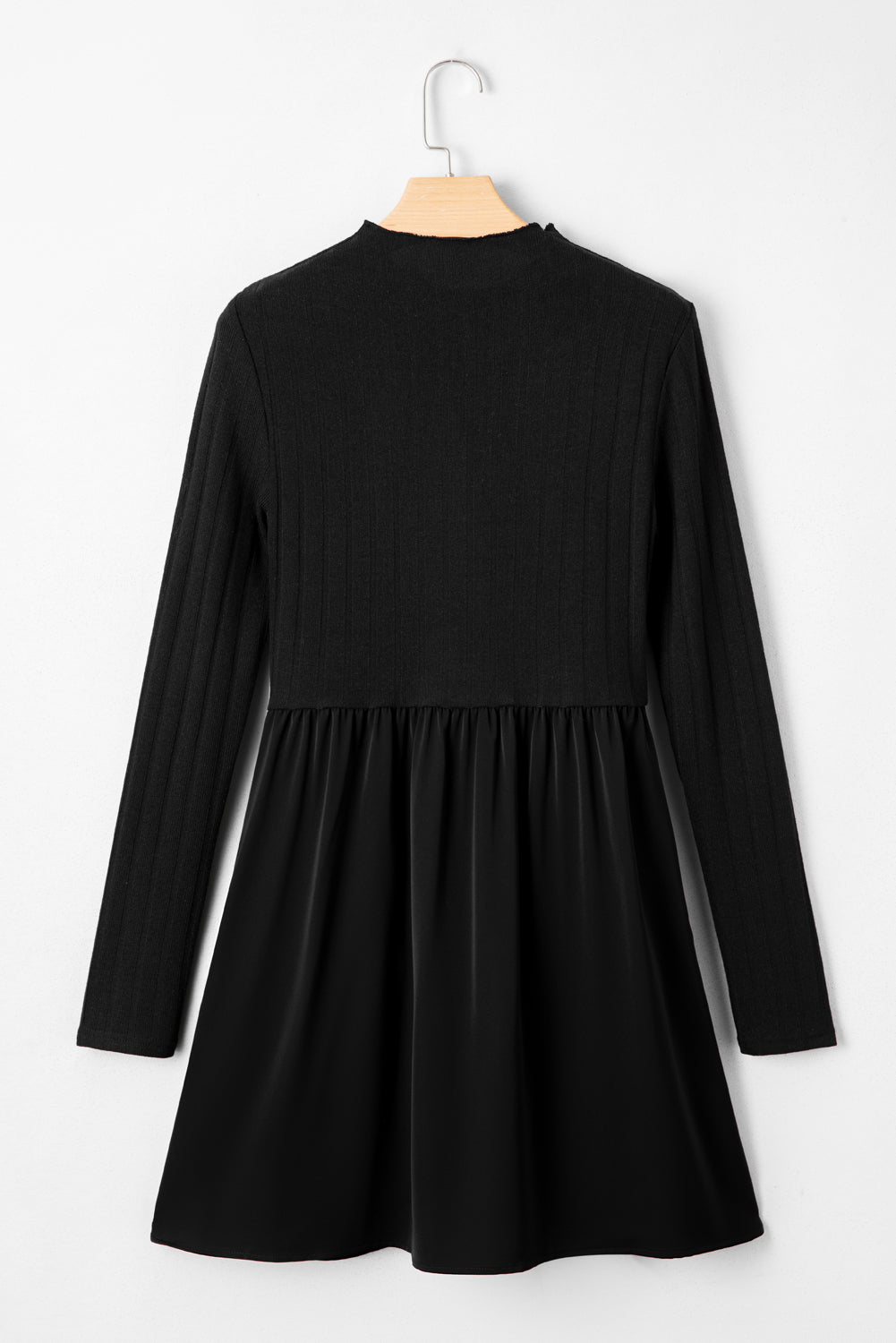 Frilled Knit Neck Rib-Knit Patchwork Long-Sleeved Mini Dress