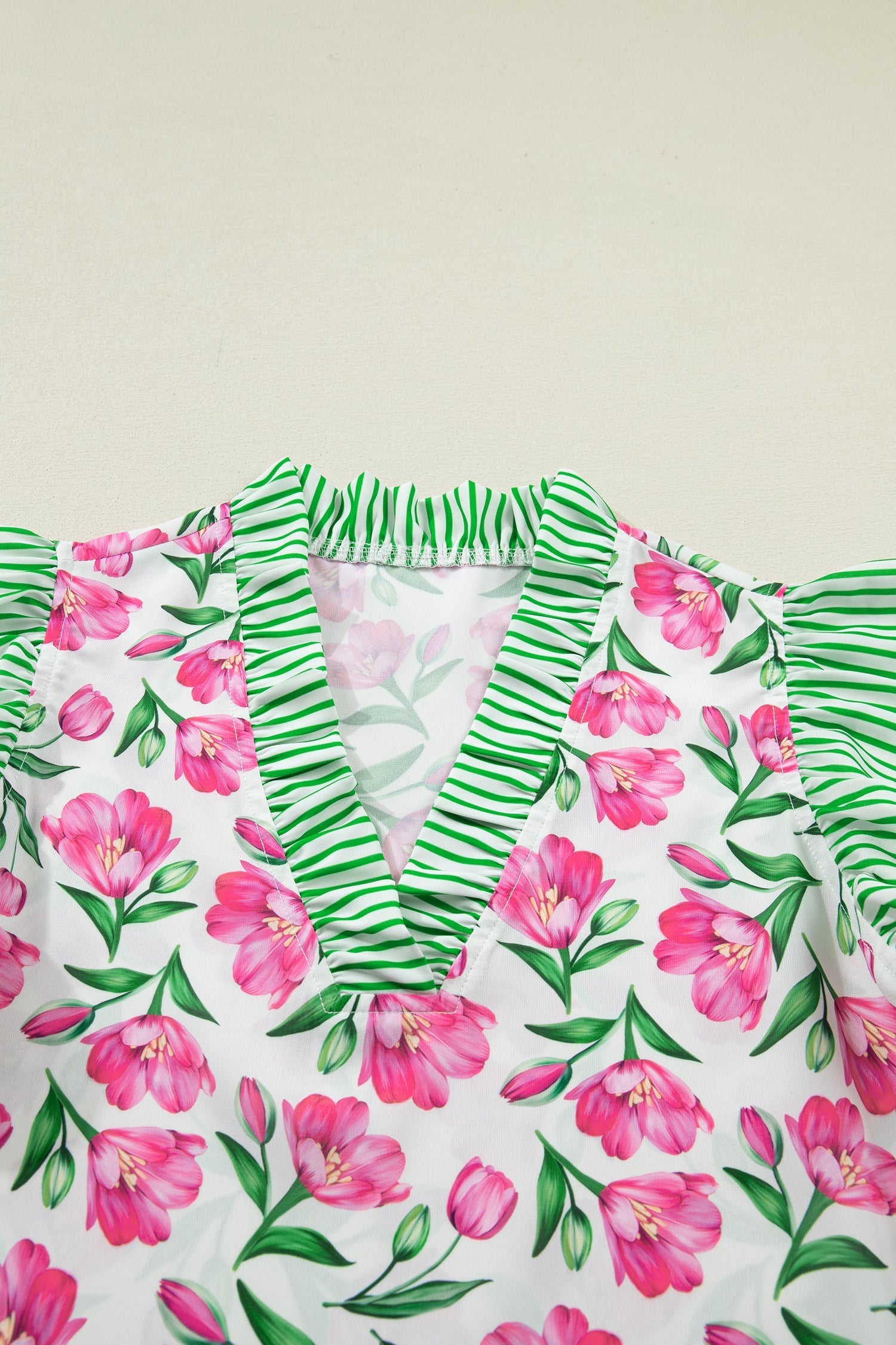 Sweet Floral-Print Striped Ruffle Trim V-Neck Blouse in Multicolour