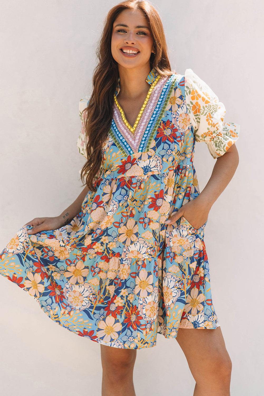 Boho Floral Print Crochet Patchwork V Neck Loose Mini Dress