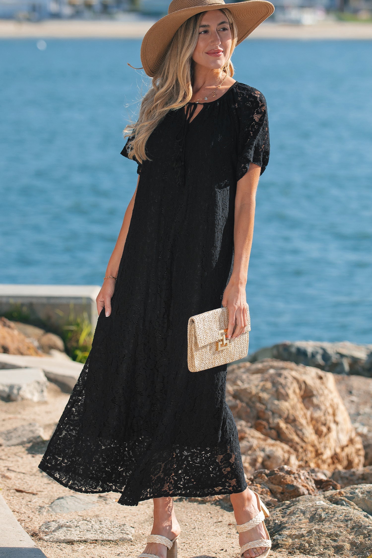 Lace Tie Overlay Tassel Short-Sleeved Beach Vacation Loose Maxi Dress in Black