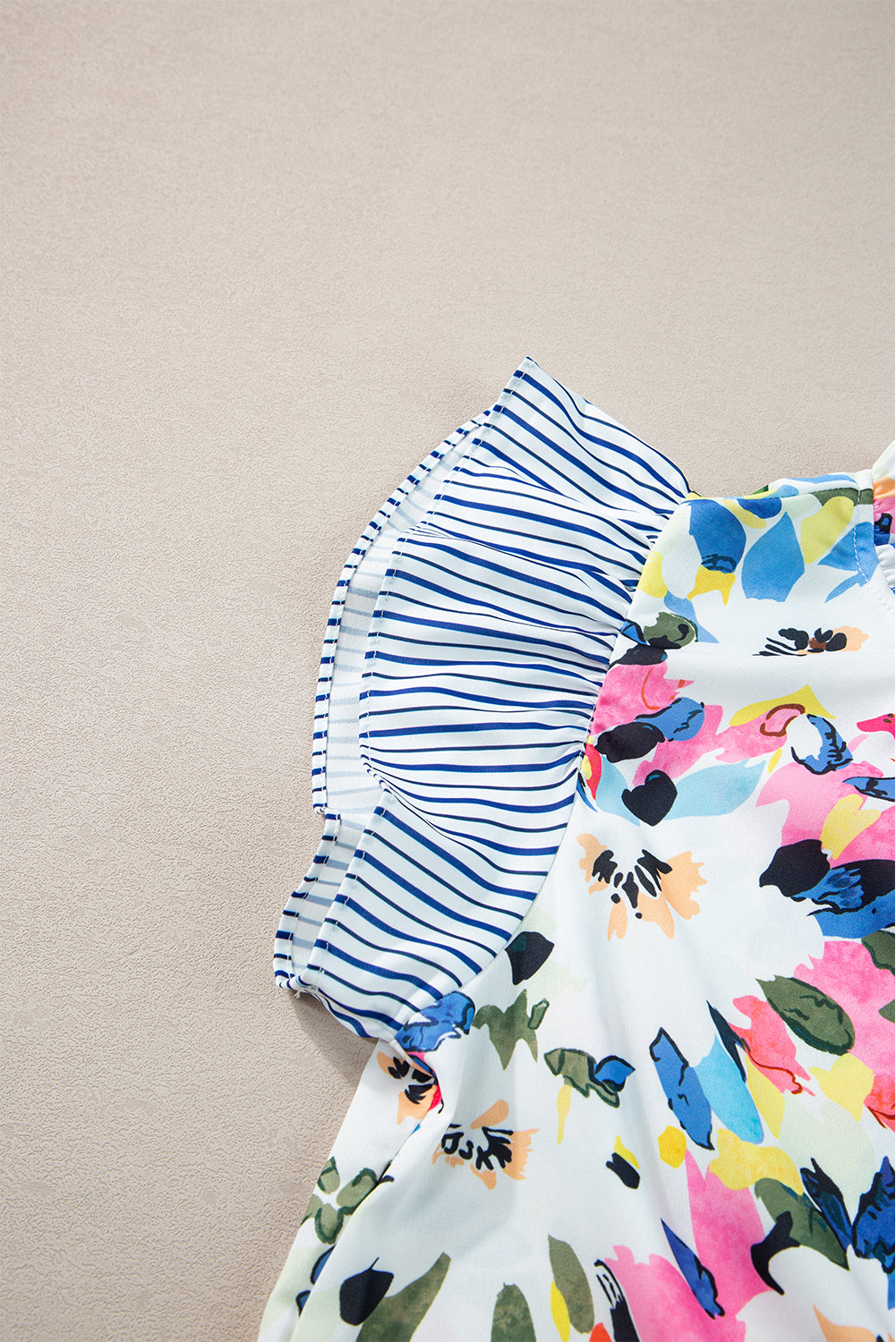 Women's Blouse with Floral-Print Print Striped Ruffle-Trimmed Sleeve