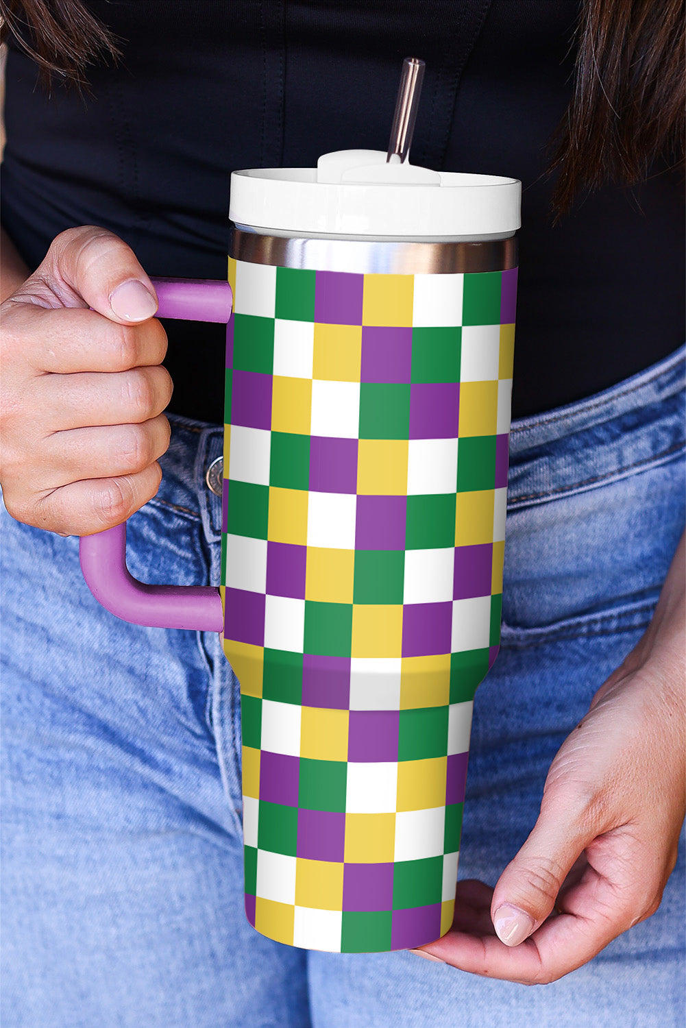 Print Handle Checkered Handle Large Vacuum Cup 40OZ