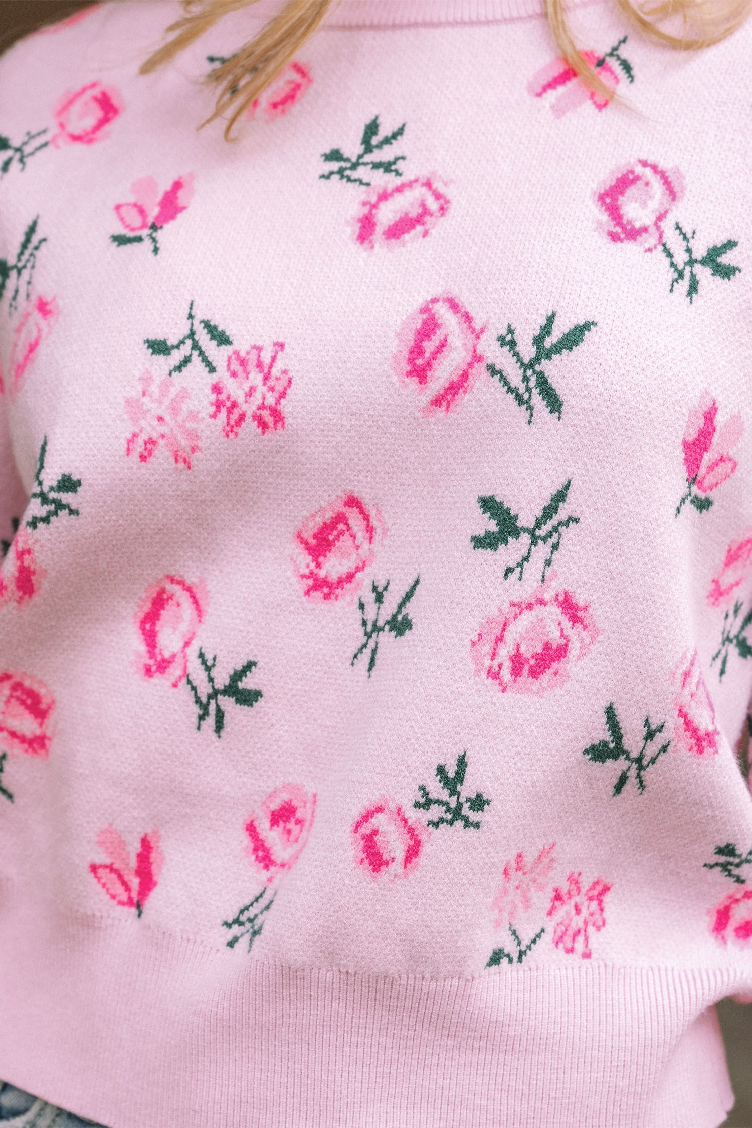 Drop-Shoulder Sweet Floral-Print Cropped Knit Top