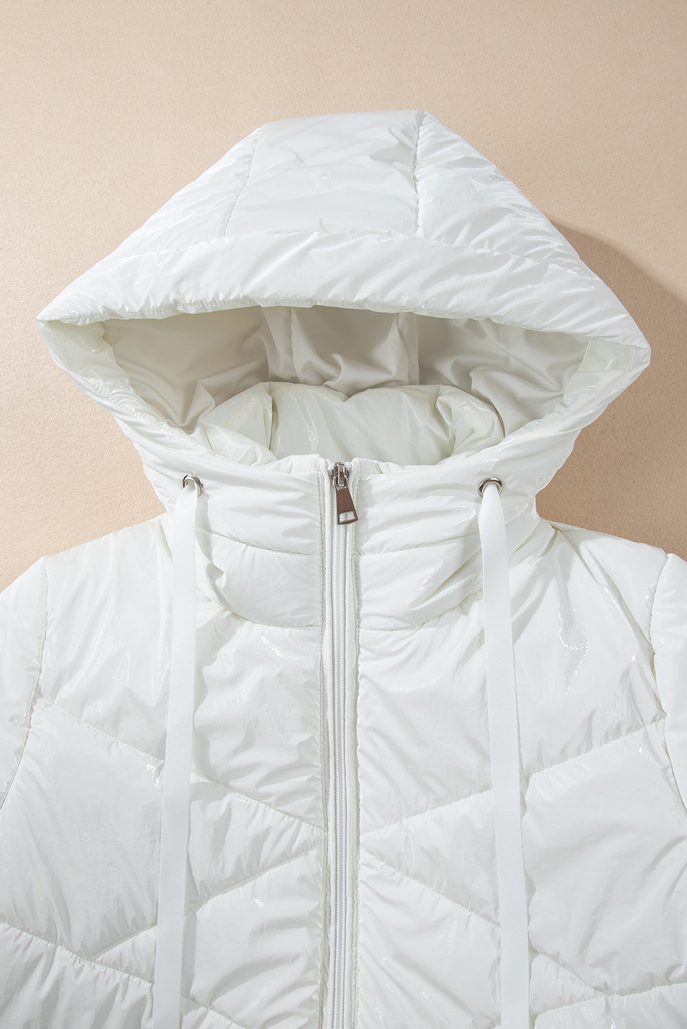 Solid Zip-Front Quilted Hooded Puffer Coat in White
