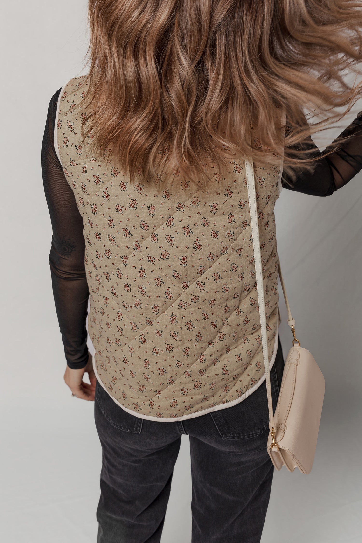 Concealed Floral-Print Quilted Button Vest in Khaki