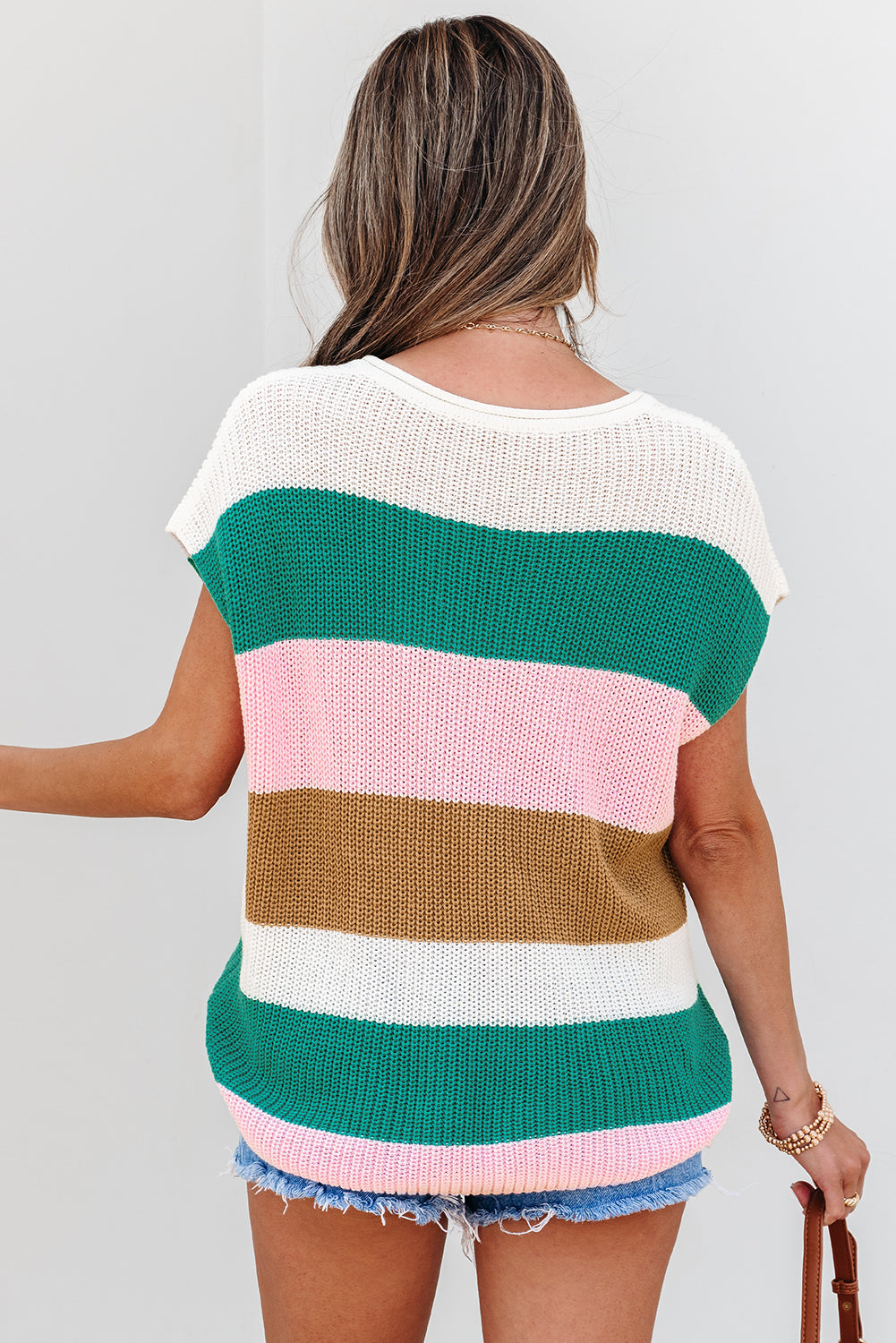 Colorblock Knit Notch V-Neck Top T Shirt