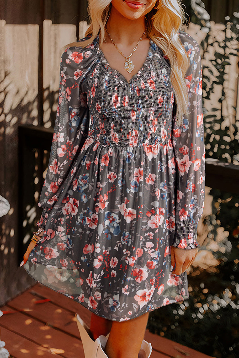 Smocked Bodice Frilly Bodice Floral Mesh Long-Sleeved Mini Dress