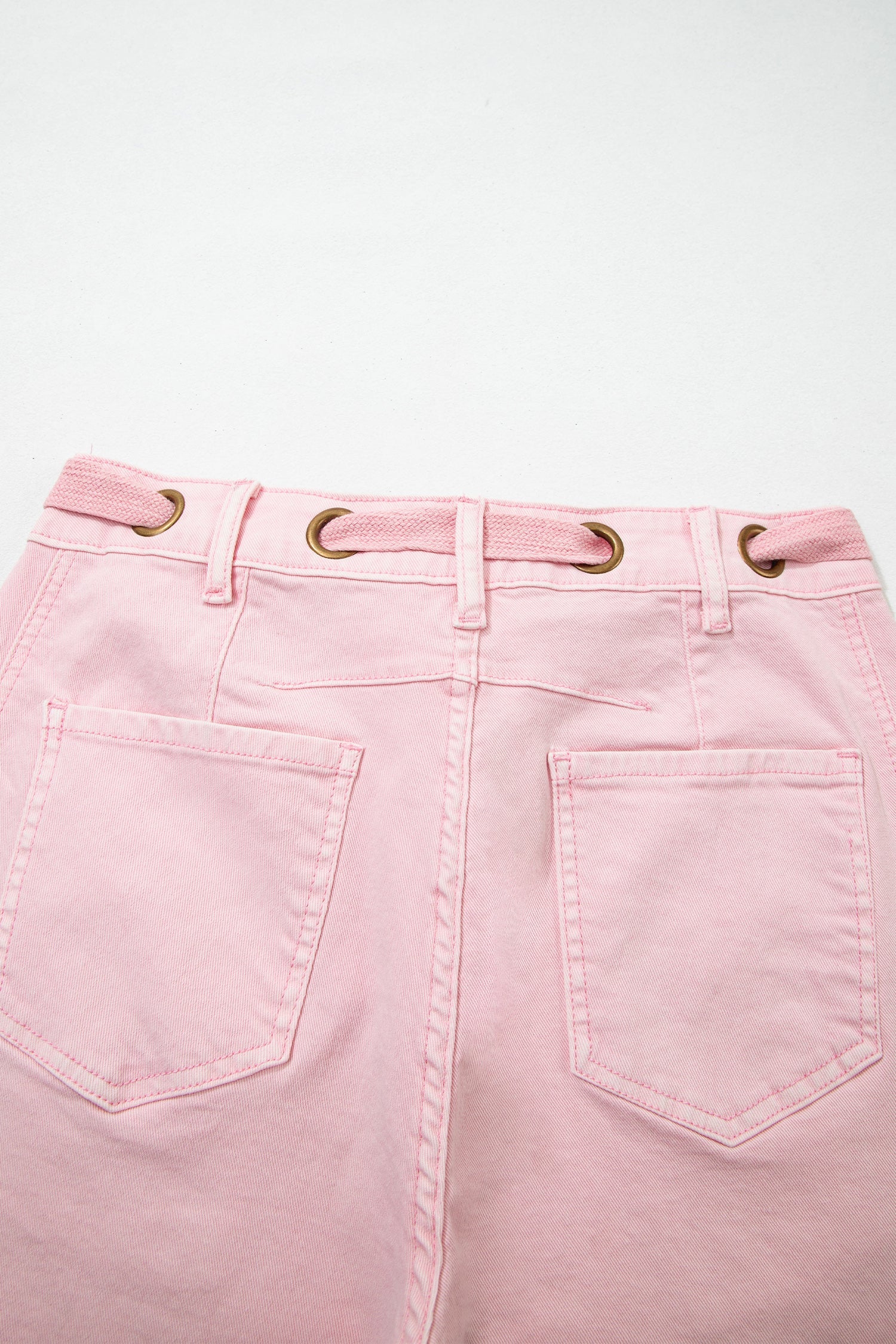 Grommet Detail Solid Detail Knot Waist Barrel Jeans in Light Pink