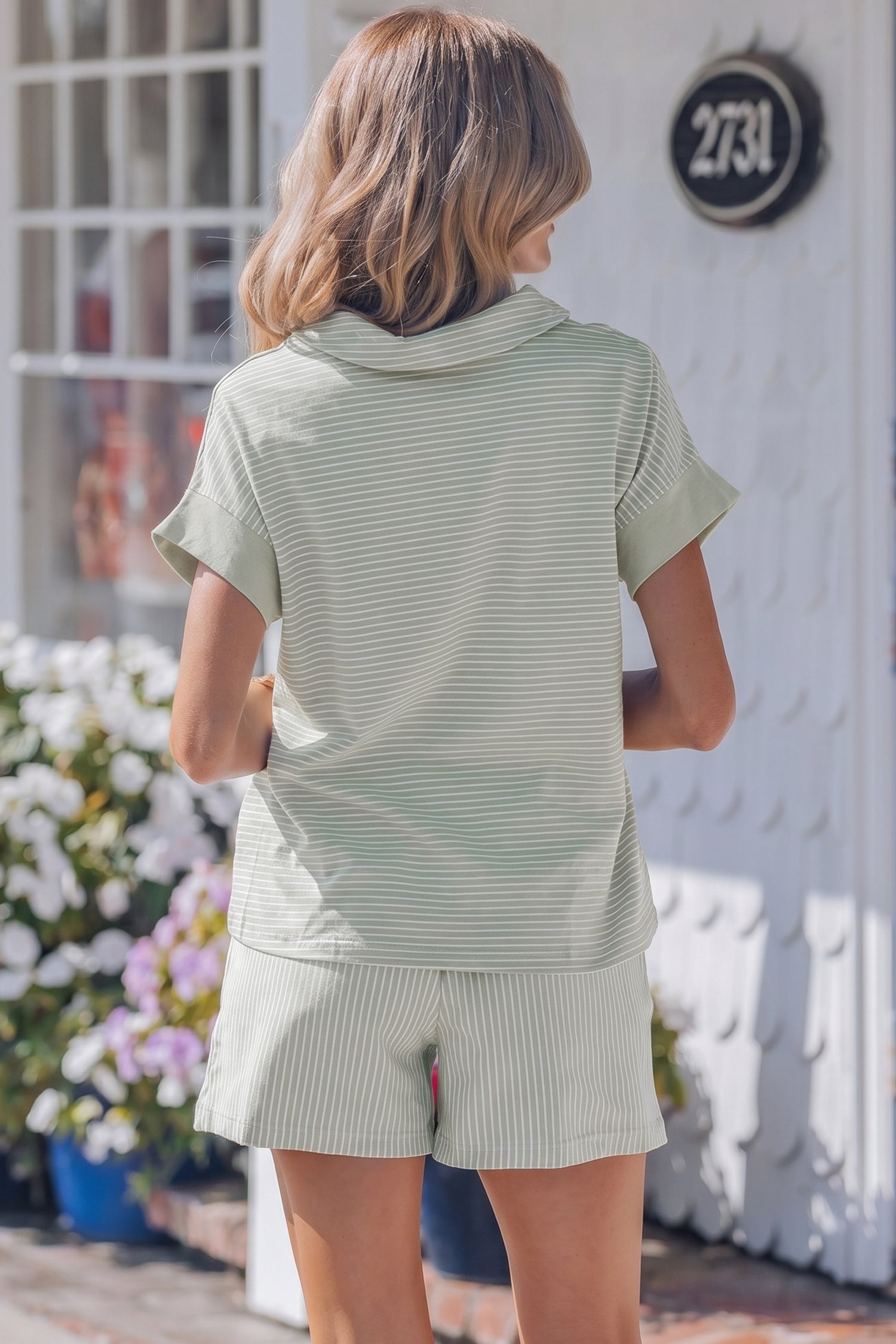 Stripe Polo Dolman Sleeve Shirt and Drawcord Shorts Set in Khaki