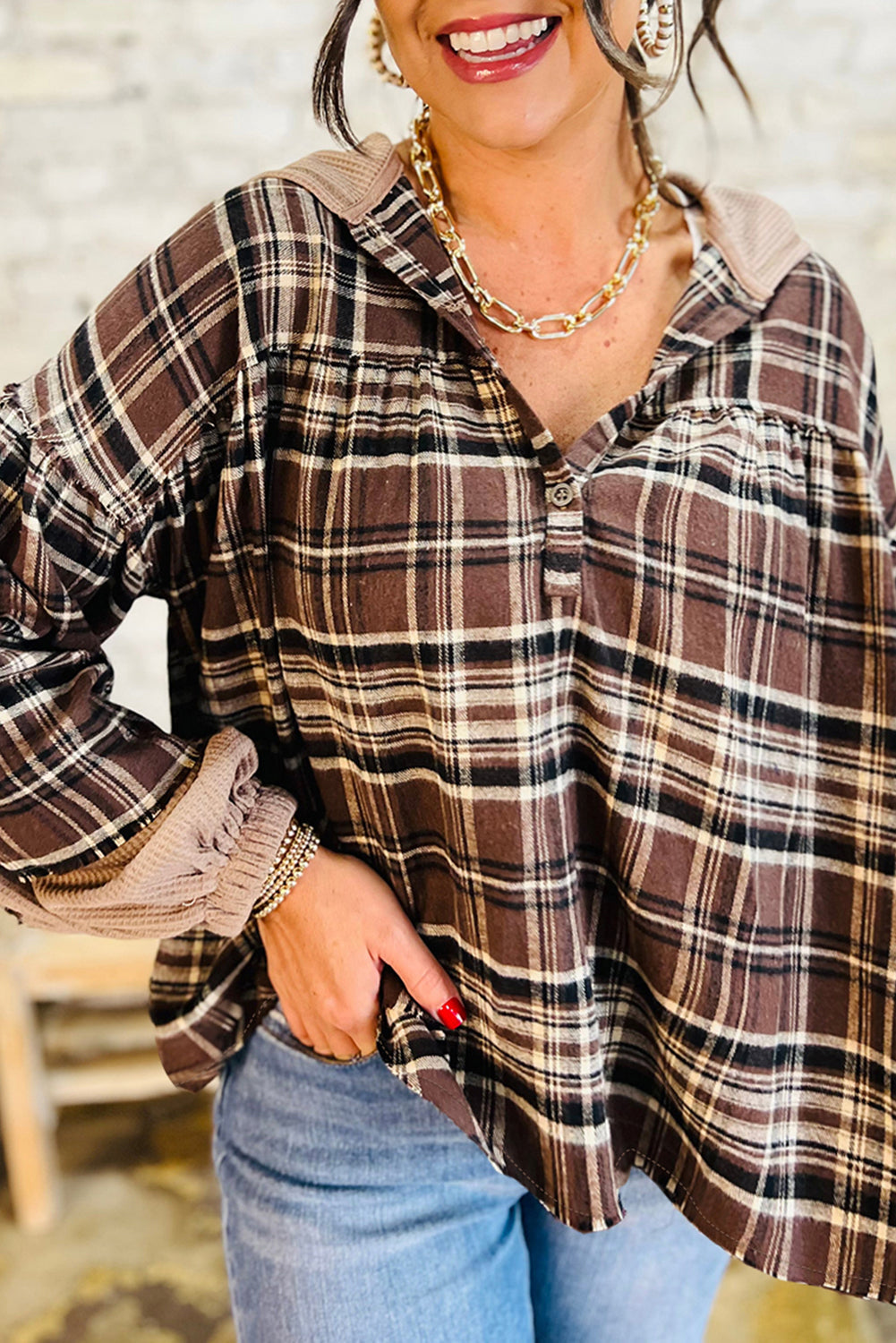 Long-Sleeved Plaid Patchwork Button Hooded Blouse