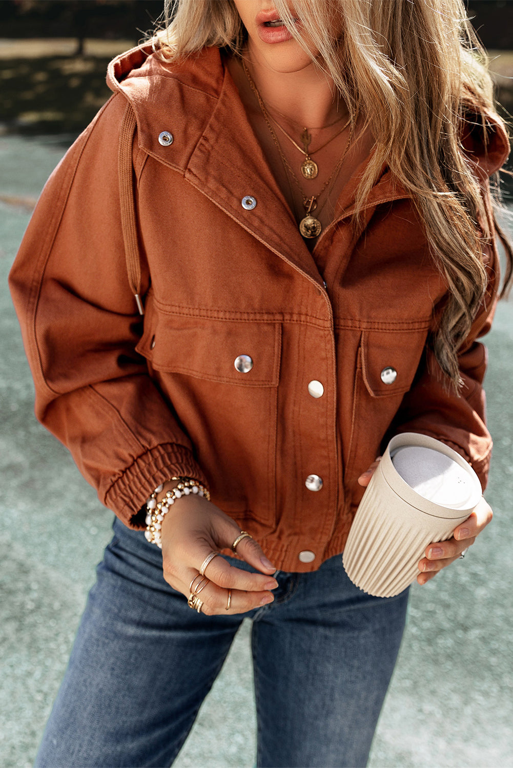 Women's Drawcord Hooded Elastic Hem Denim Jacket